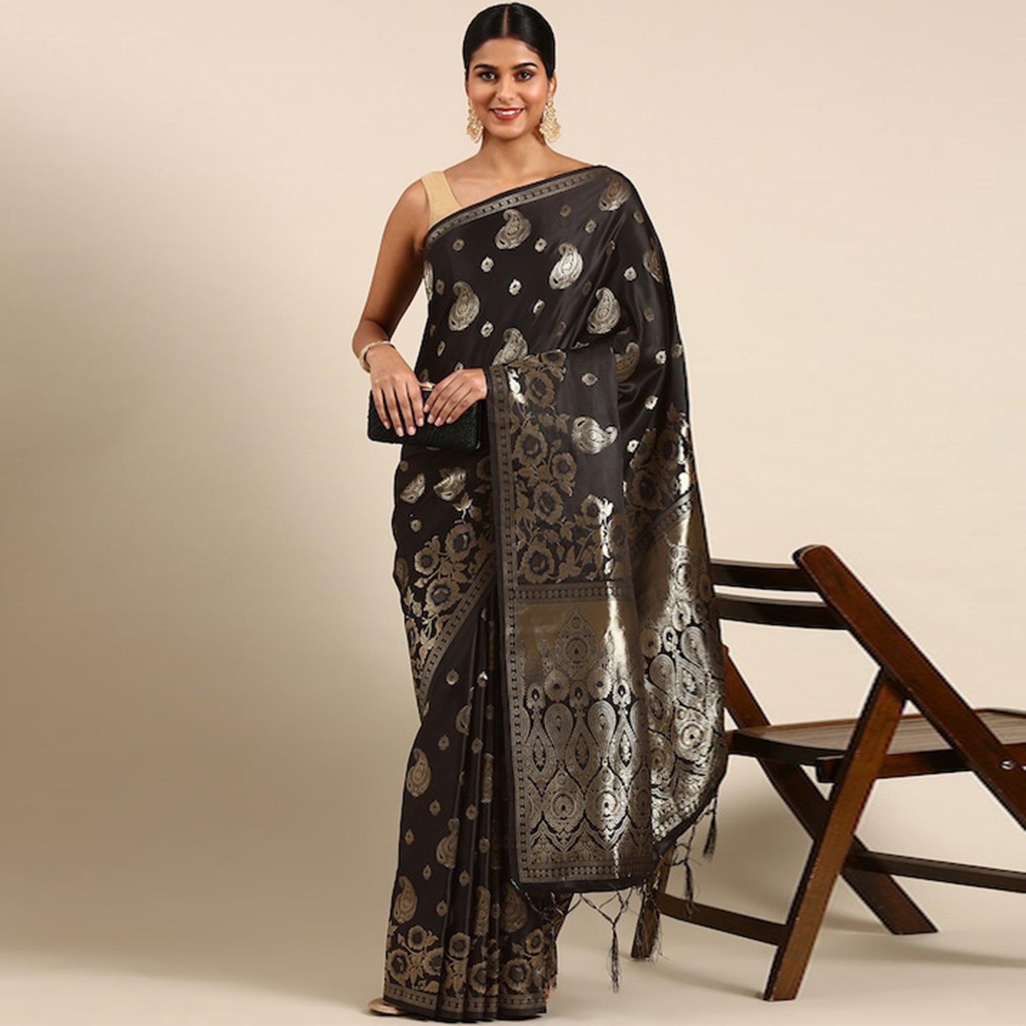 Black Woven Kanjivaram Silk Saree WithTassels