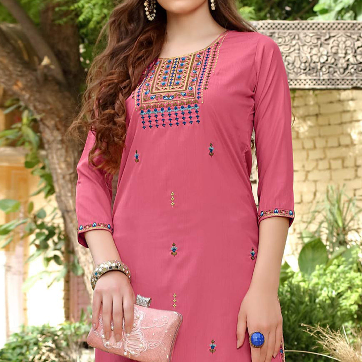 Pink Floral Embroidered Muslin Kurti