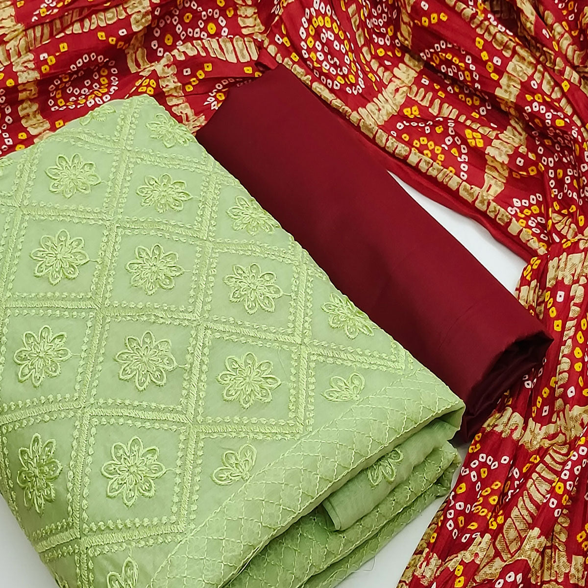 Green Embroidered Chanderi Dress Material