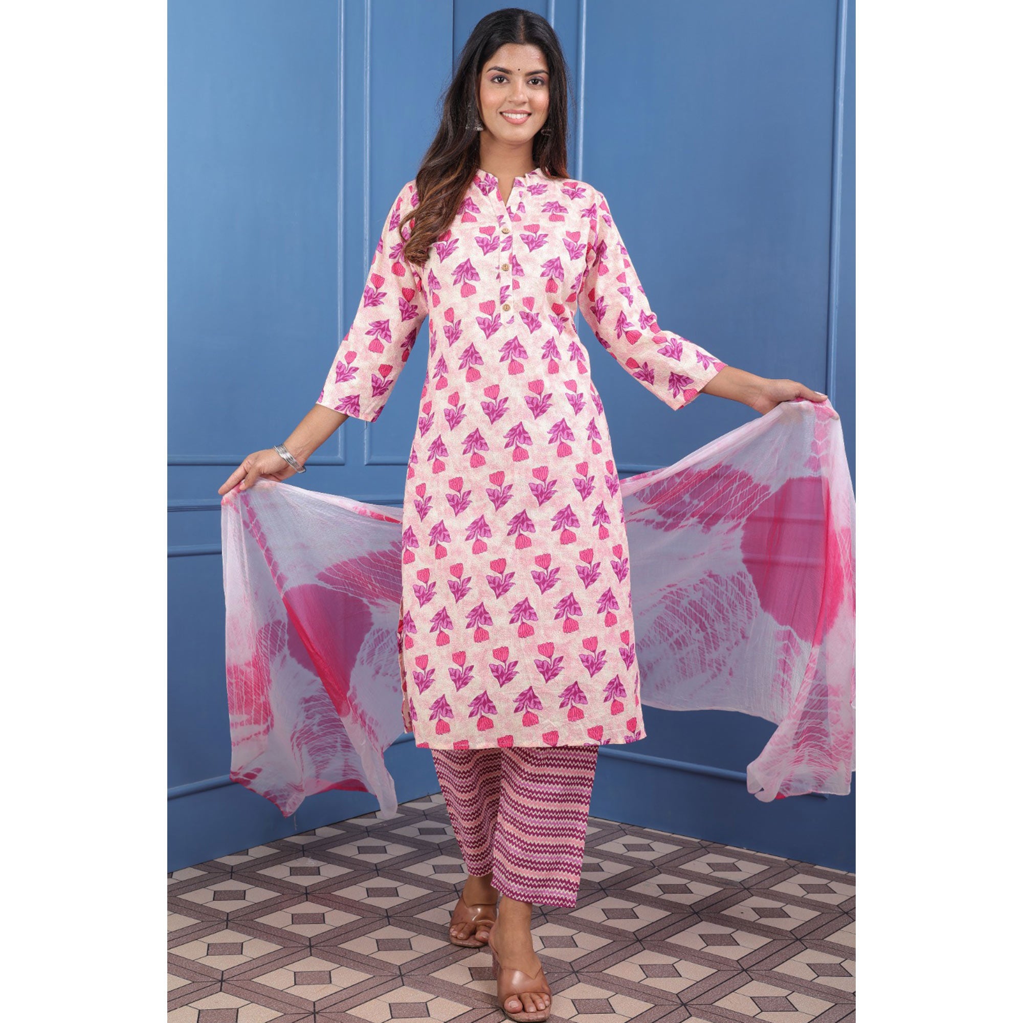 Cream Pink Floral Printed Pure Cotton Suit