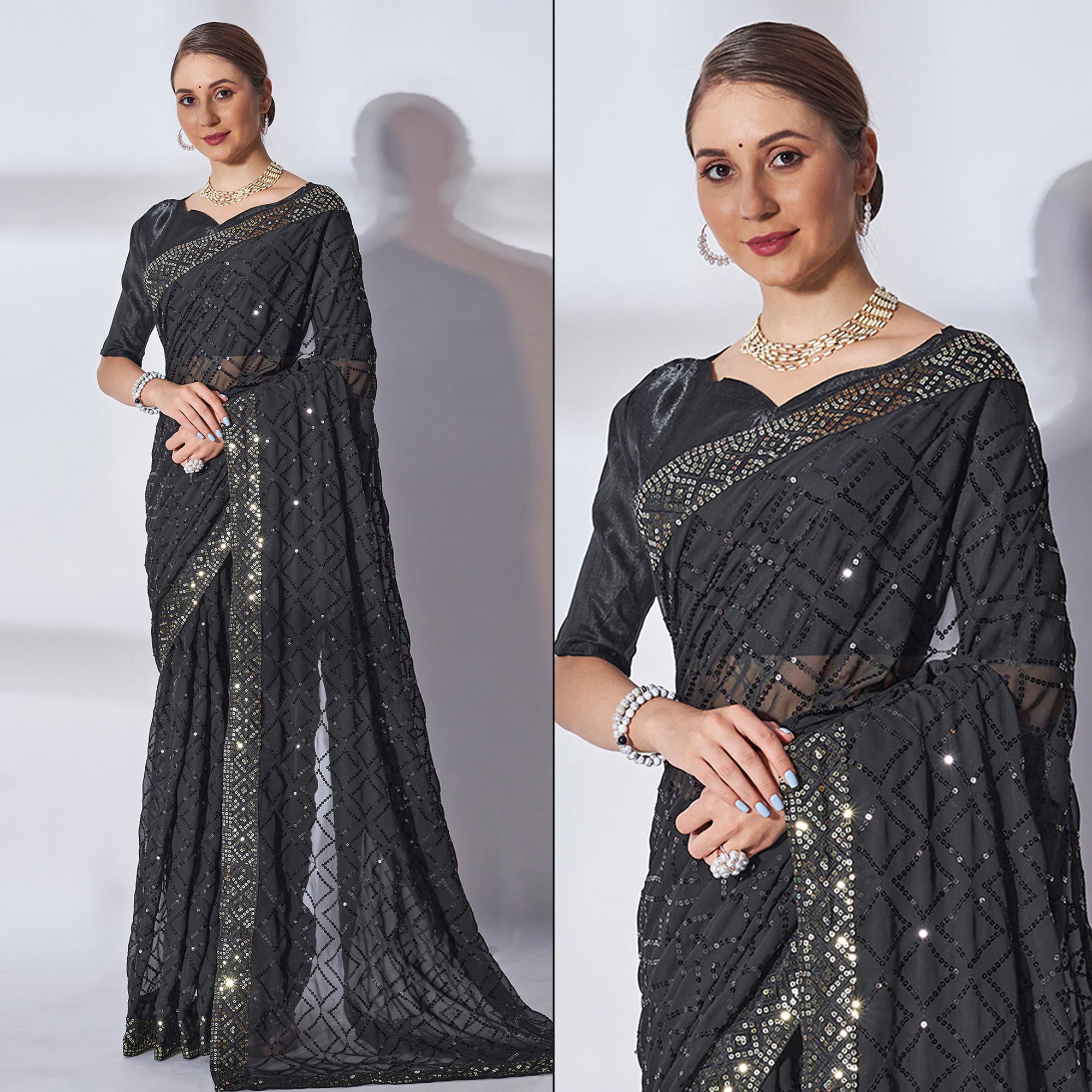 Black Sequins Embroidered Georgette Saree