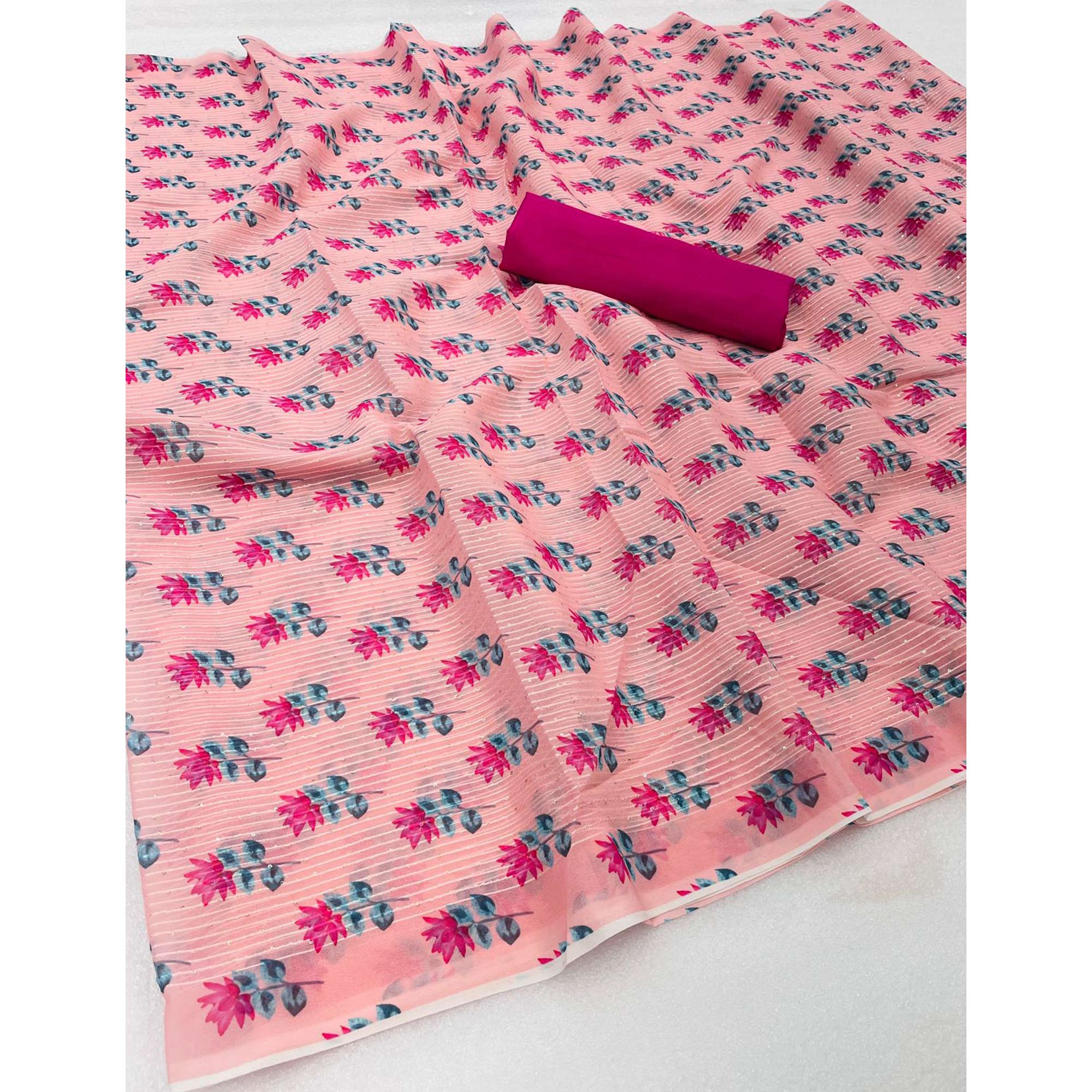 Pink Floral Printed And Sequins Work Georgette Saree