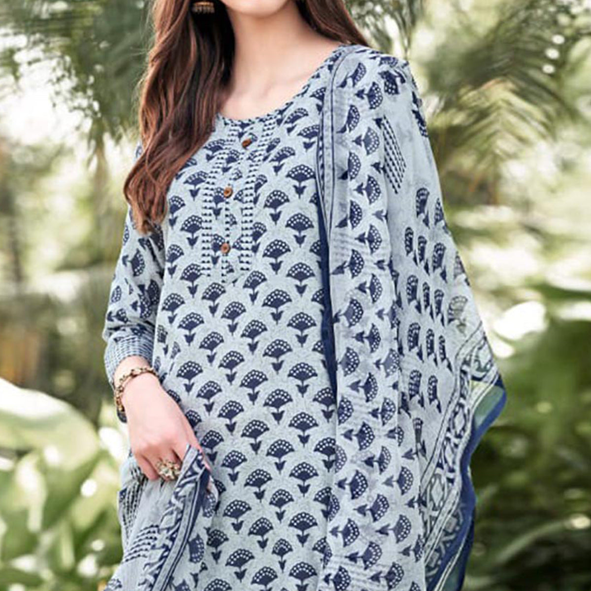 Blue Floral Printed Cotton Blend Suit