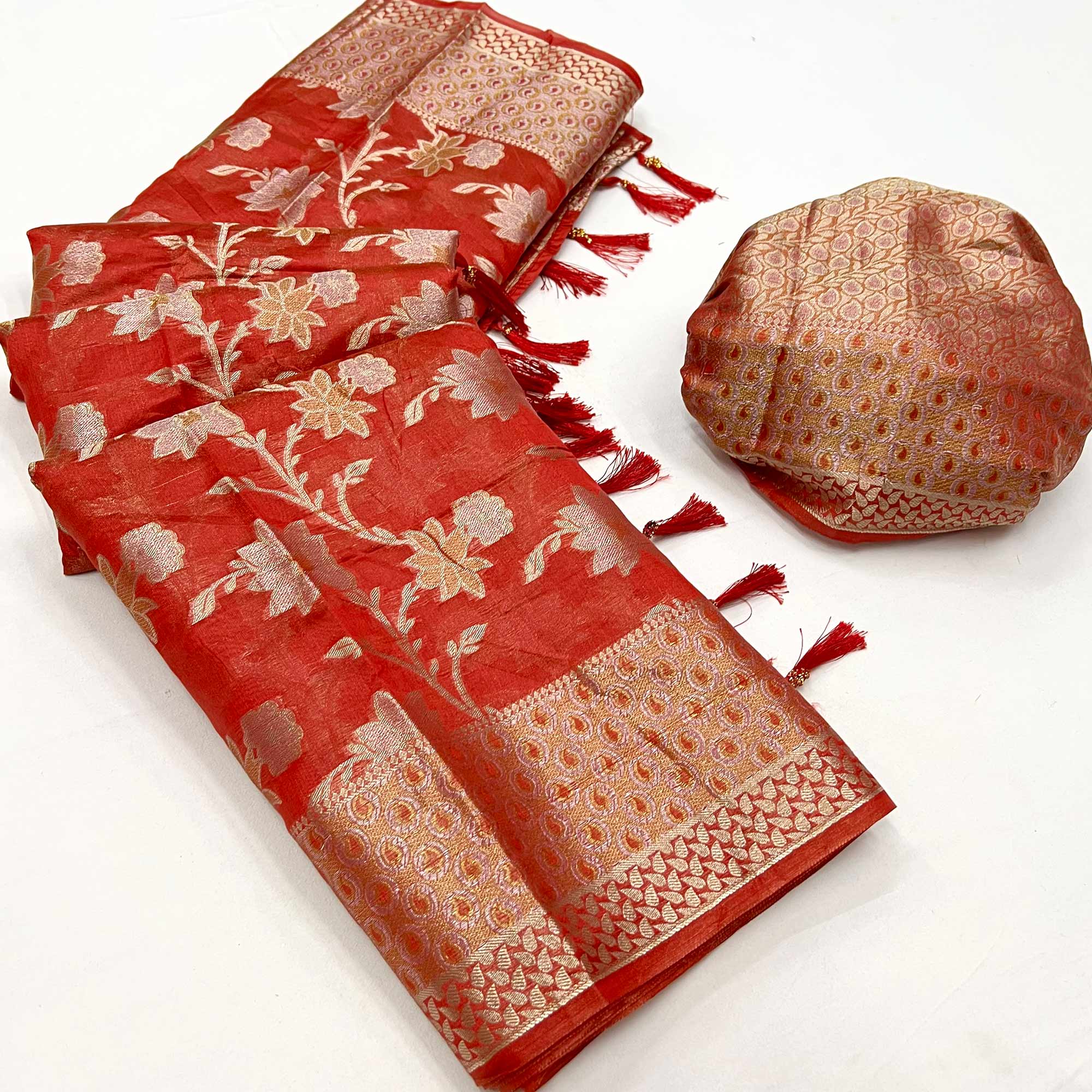 Red Floral Woven Organza Saree With Tassels