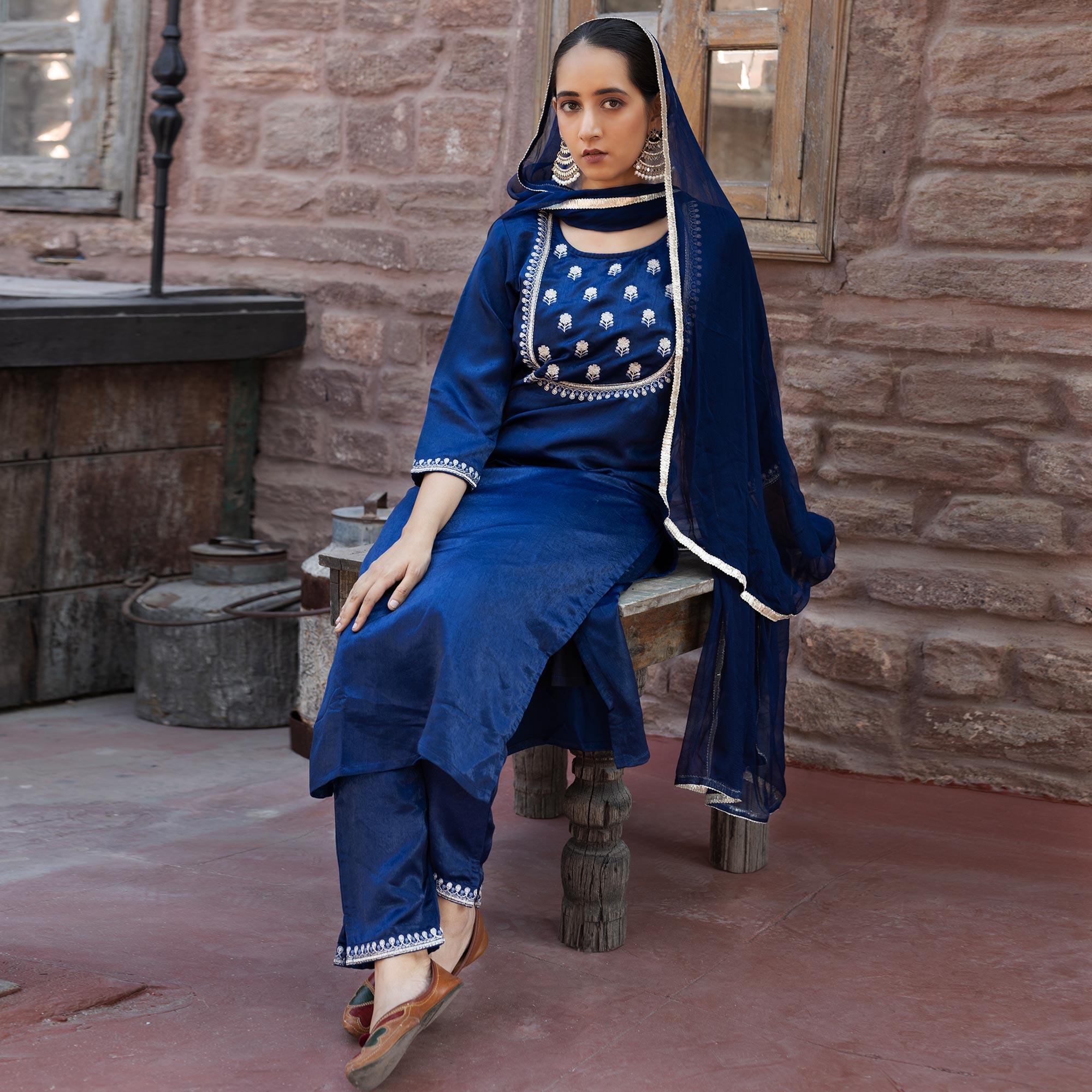 Blue Embroidered Velvet Salwar Suit