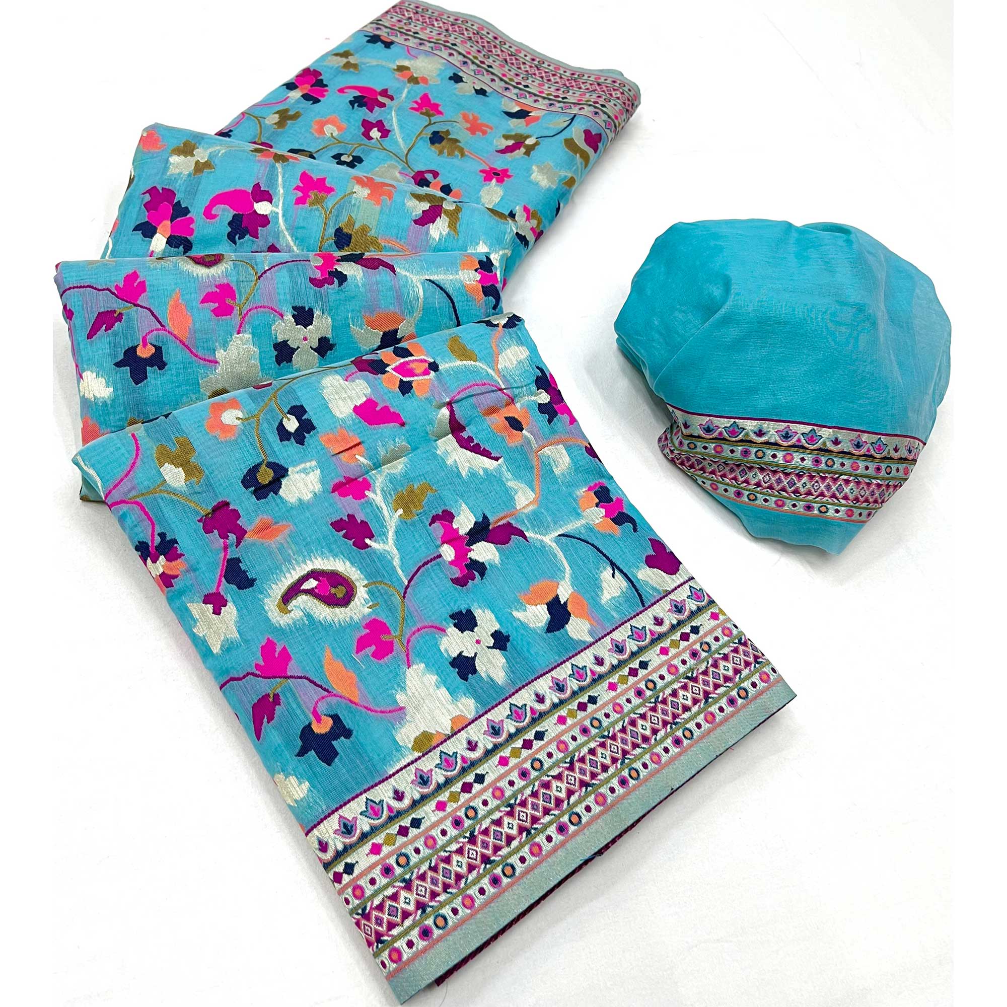 Firozi Blue Floral Woven Pashmina Saree