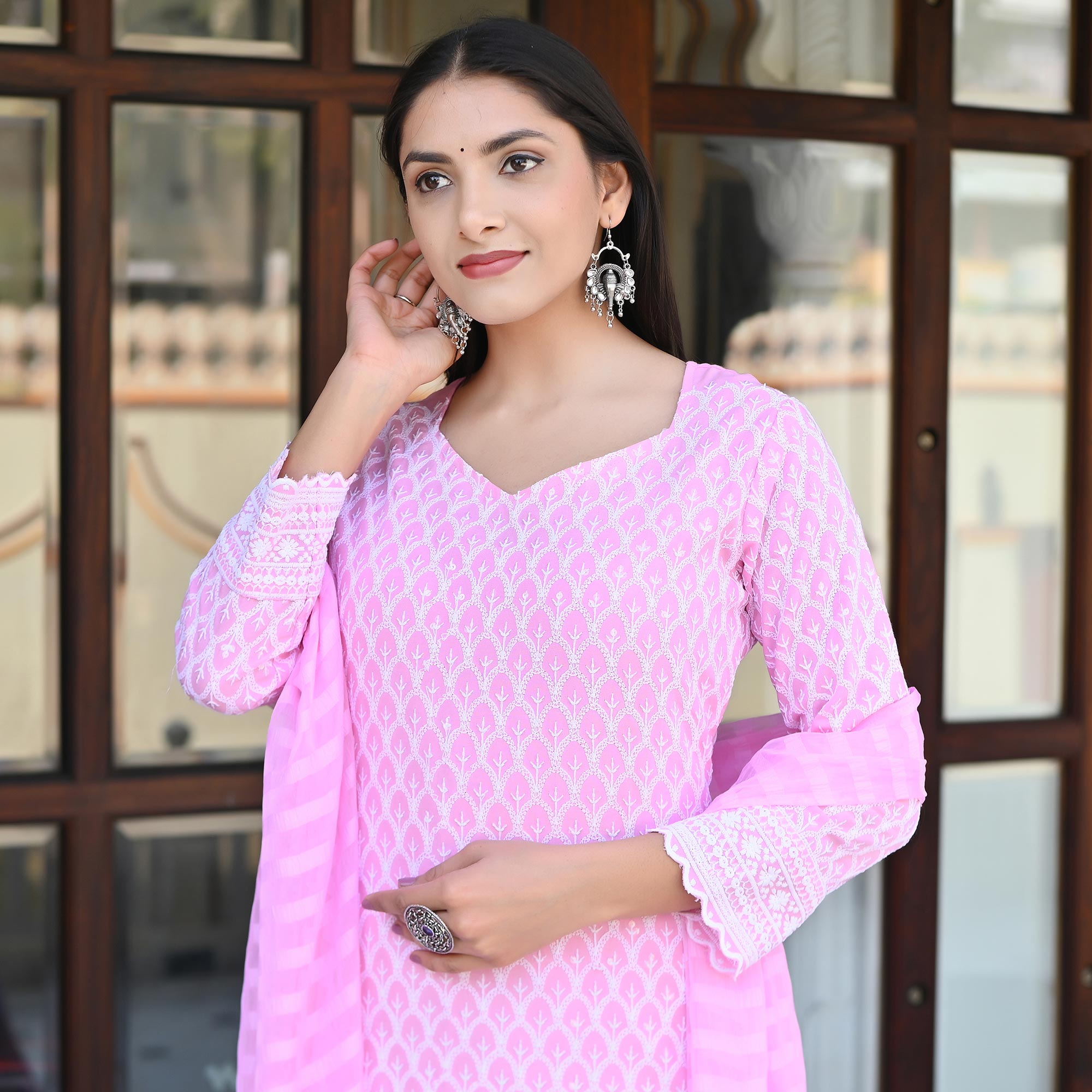 Pink lucknowi Work Cotton Blend Salwar Suit