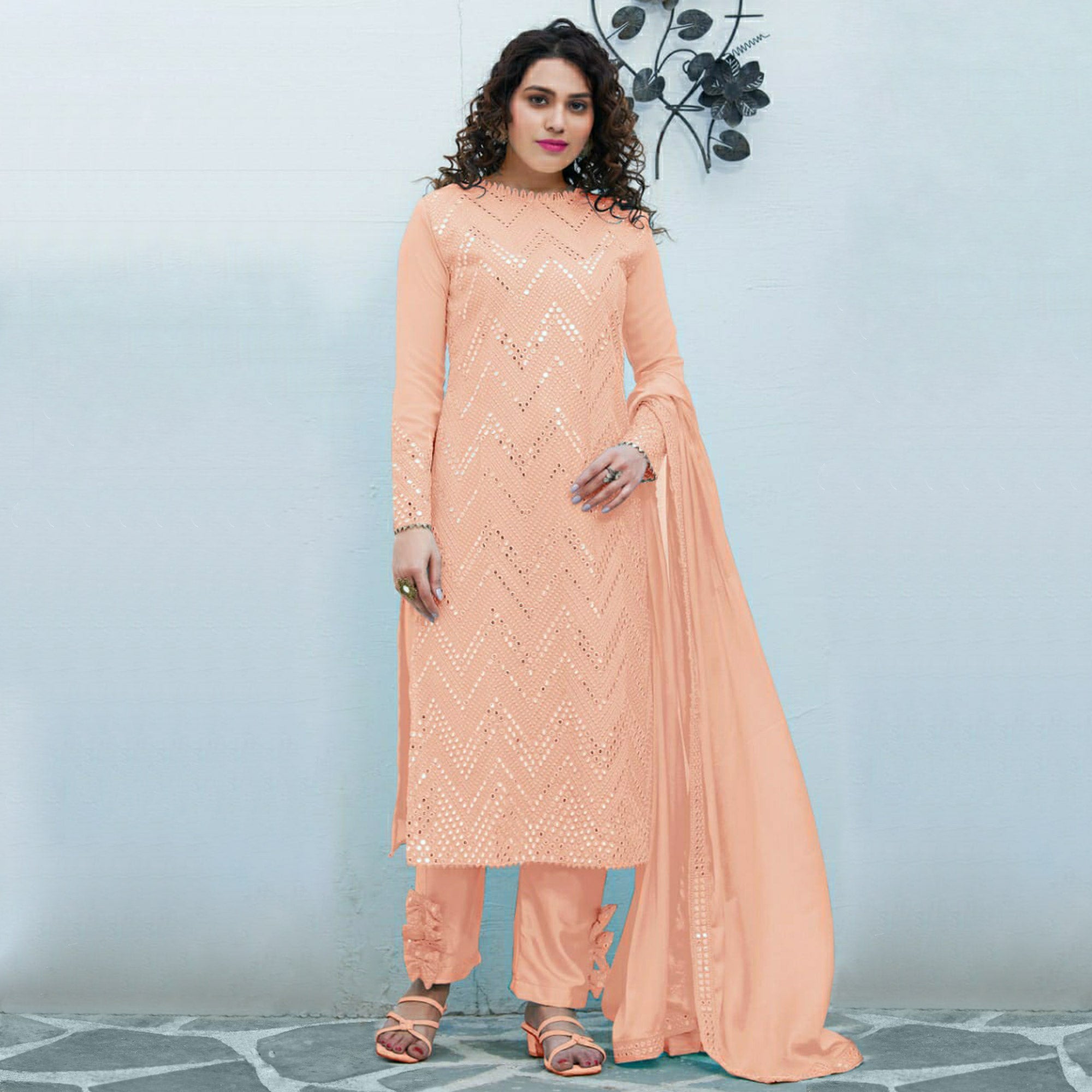 Peach Mirror Embroidered Georgette Suit