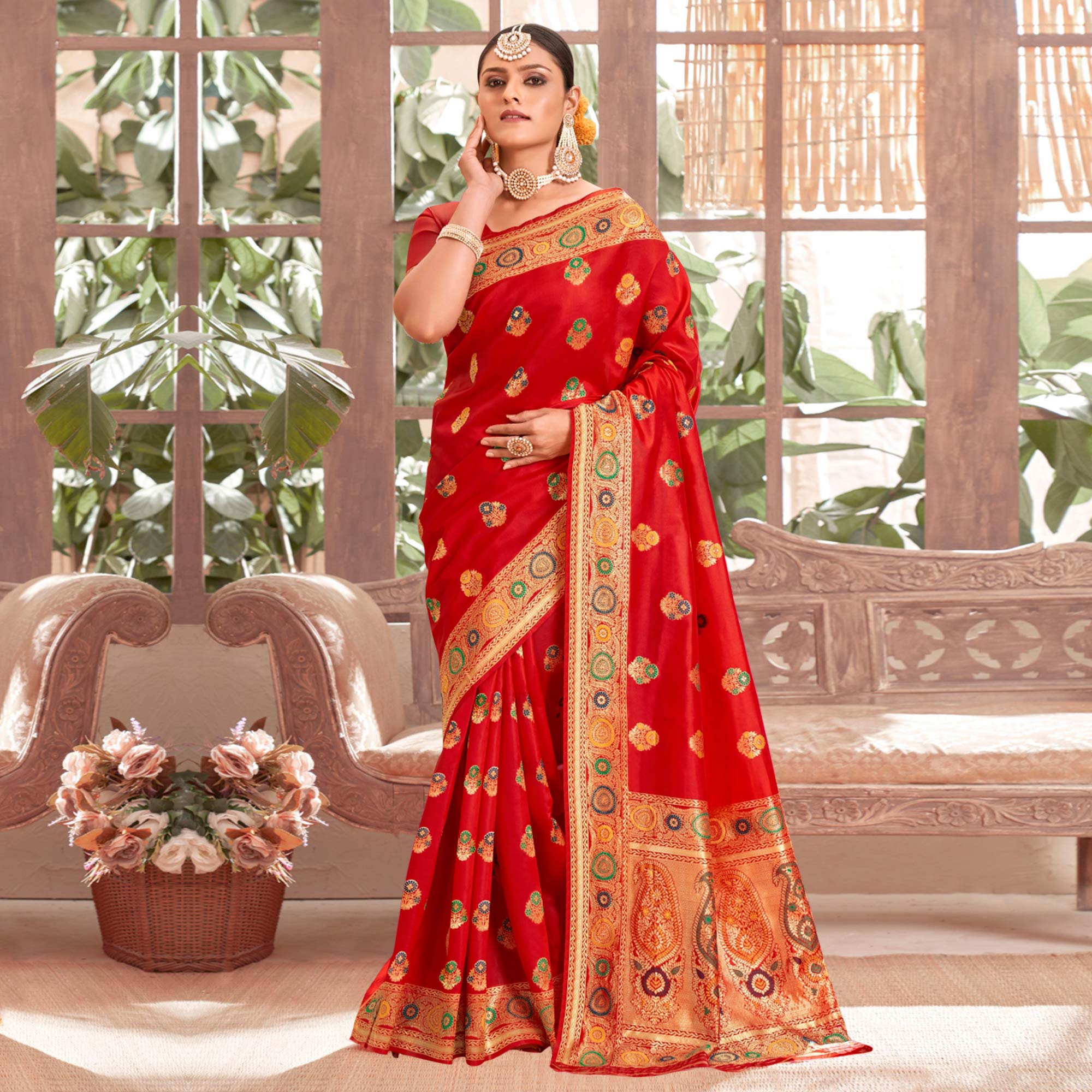 Red Woven Art Silk Saree