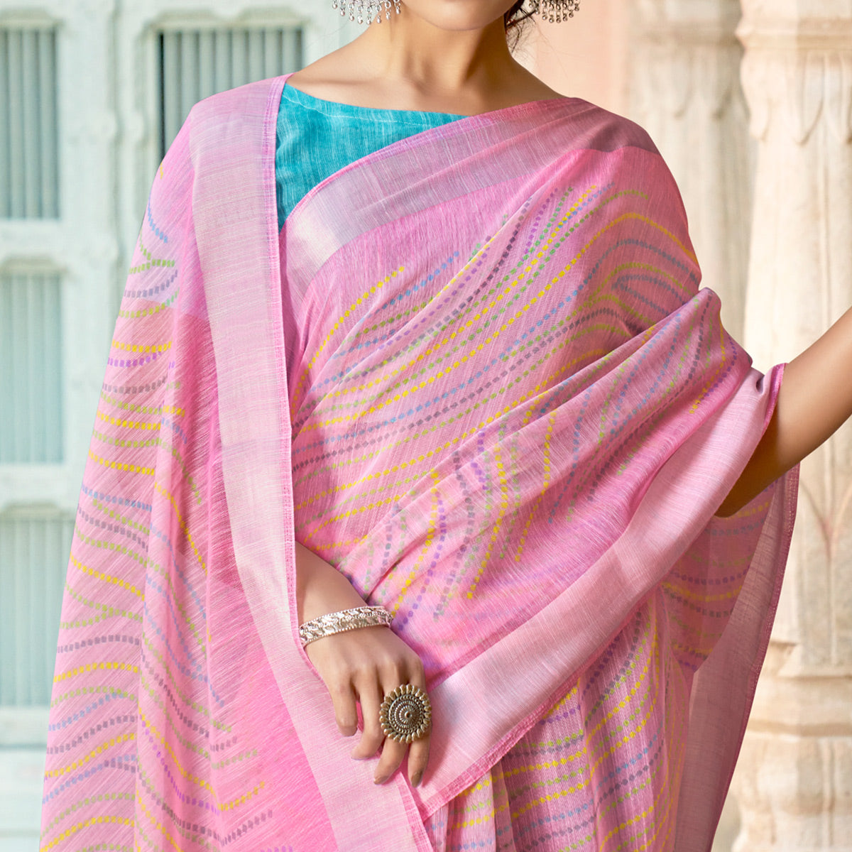 Pink Printed Cotton Blend Saree