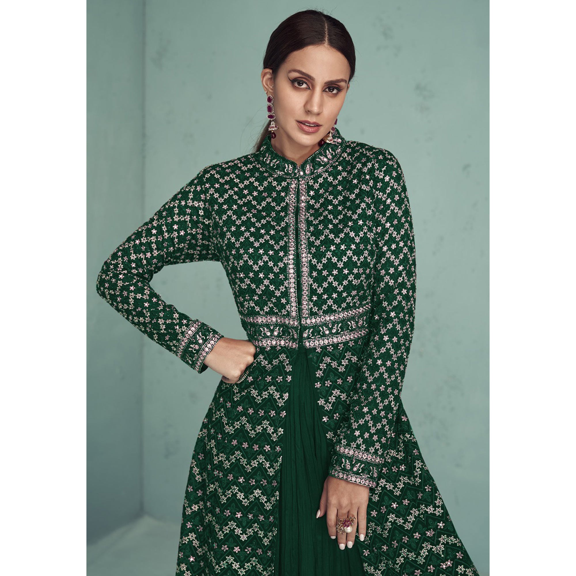 Green Floral Embroidered Georgette Front Slit Suit