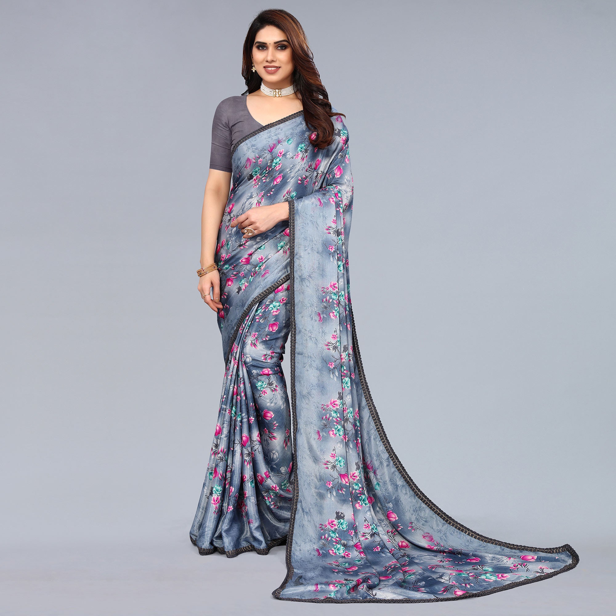 Grey Floral Printed Art Silk Saree With Crochet Border