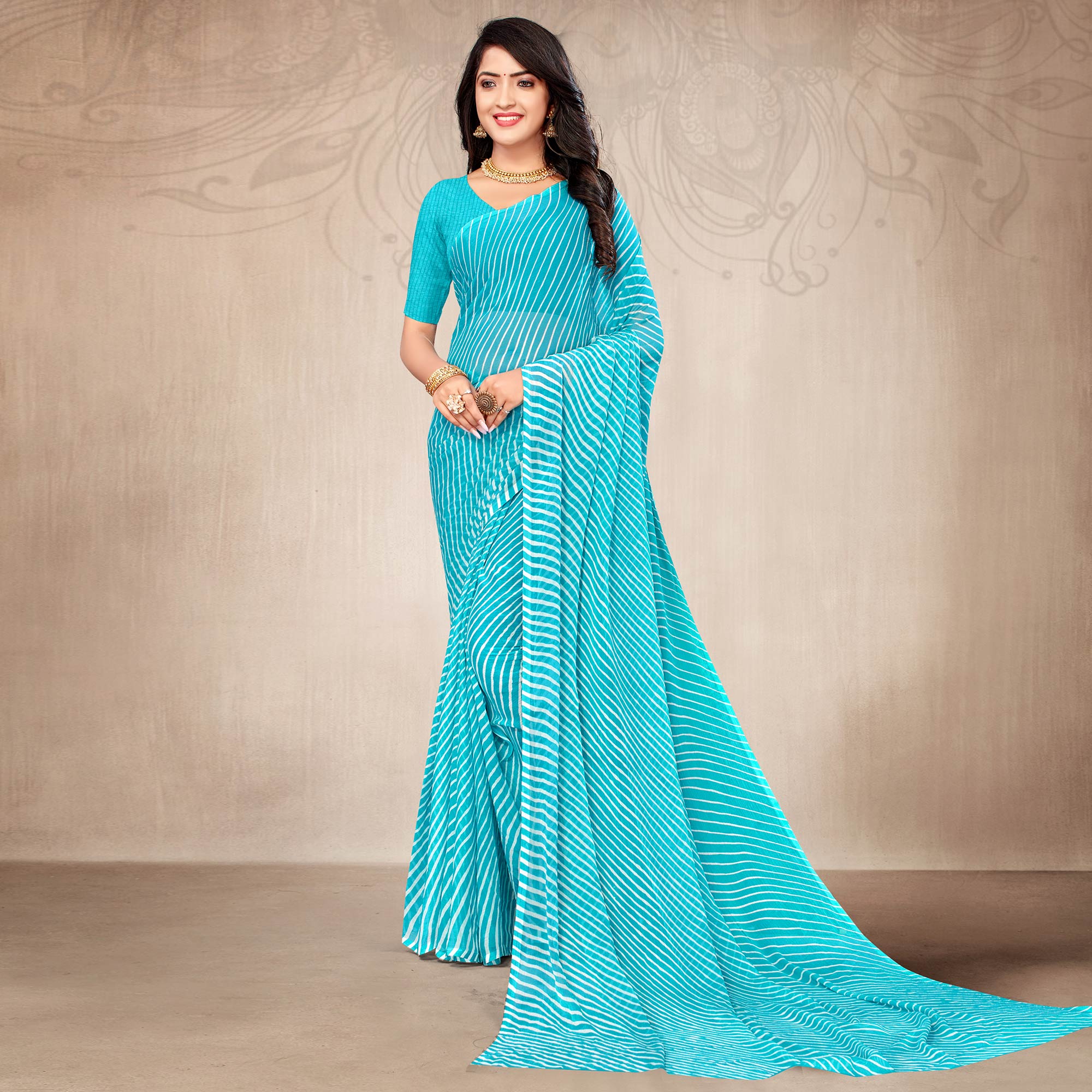 Sky Blue Striped Printed Chiffon Saree