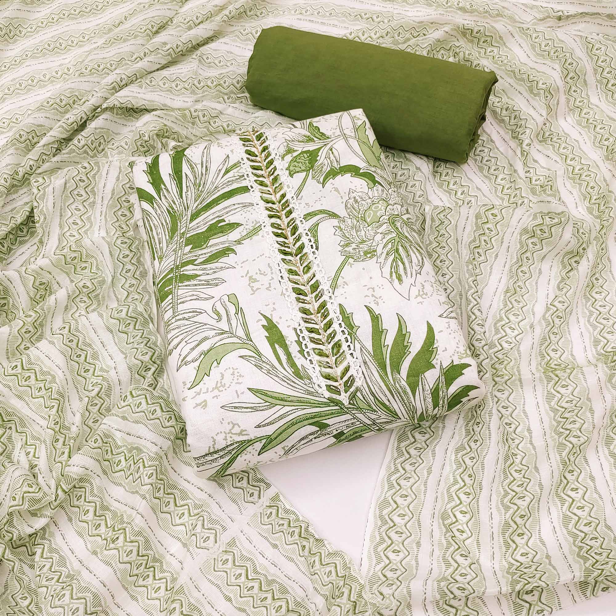 White & Green Floral Printed Pure Cotton Dress Material