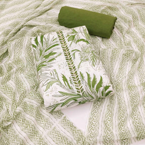 White & Green Floral Printed Pure Cotton Dress Material