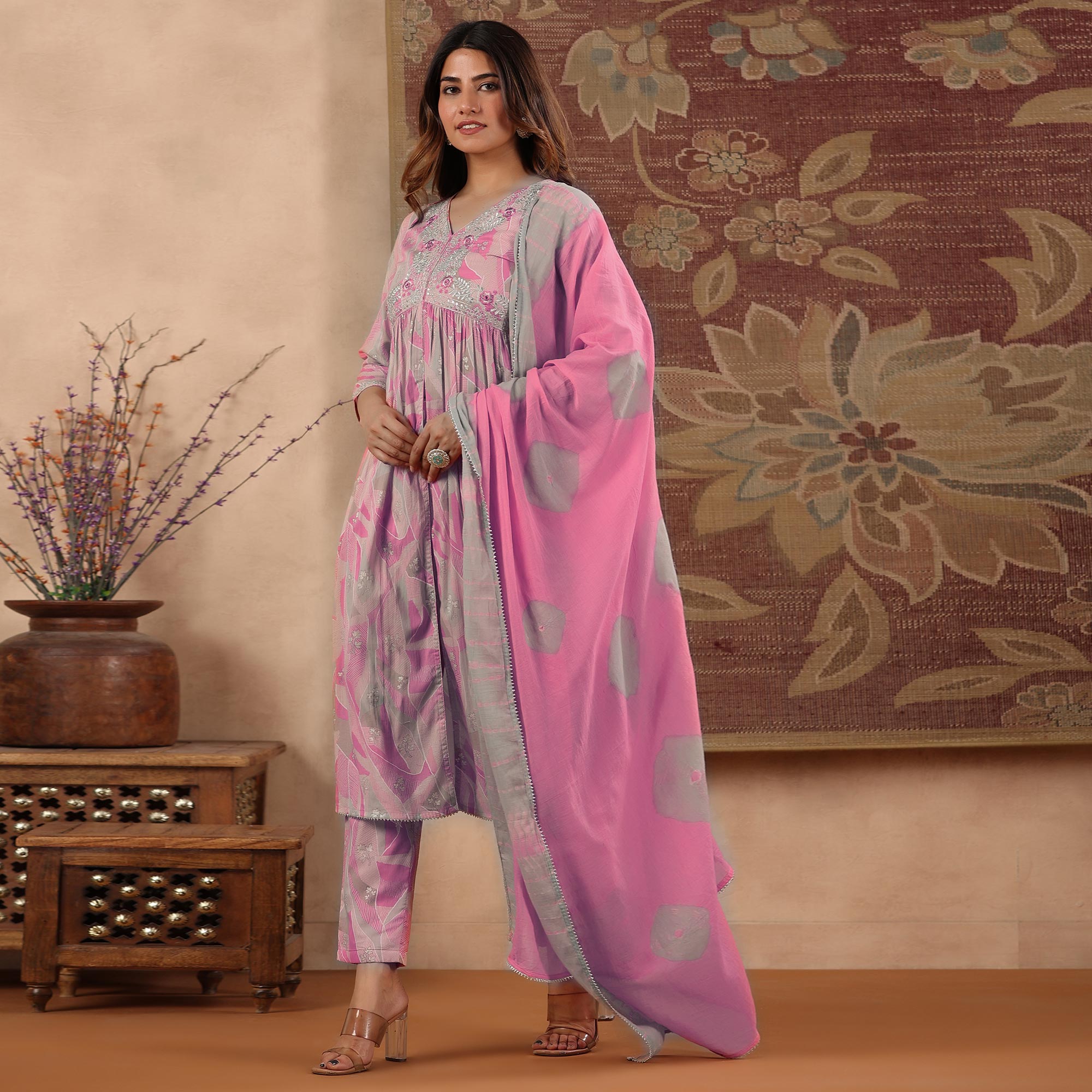 Pink Floral Printed With Embroidered Pure Cotton Suit