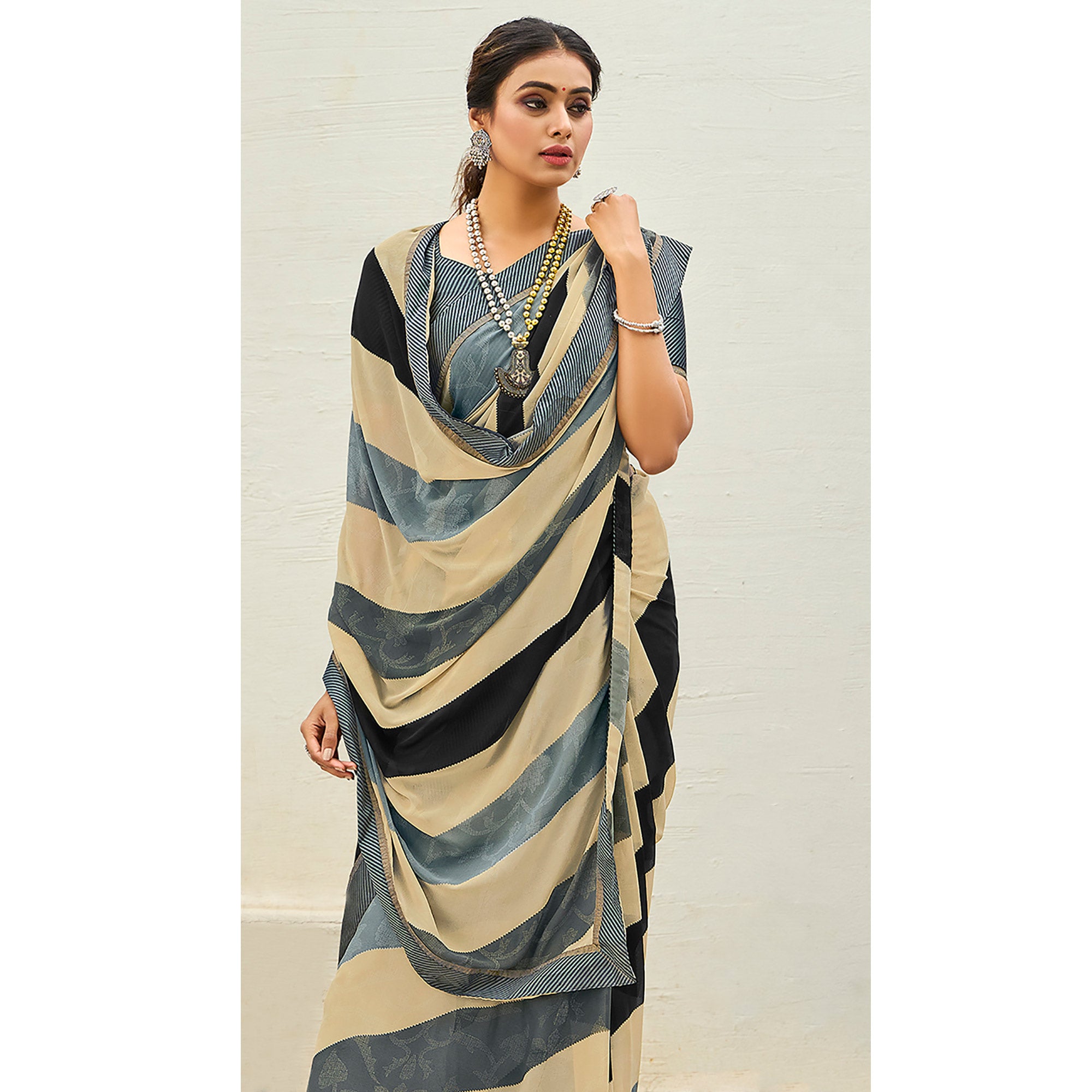 Multicolored Striped Printed Georgette Saree