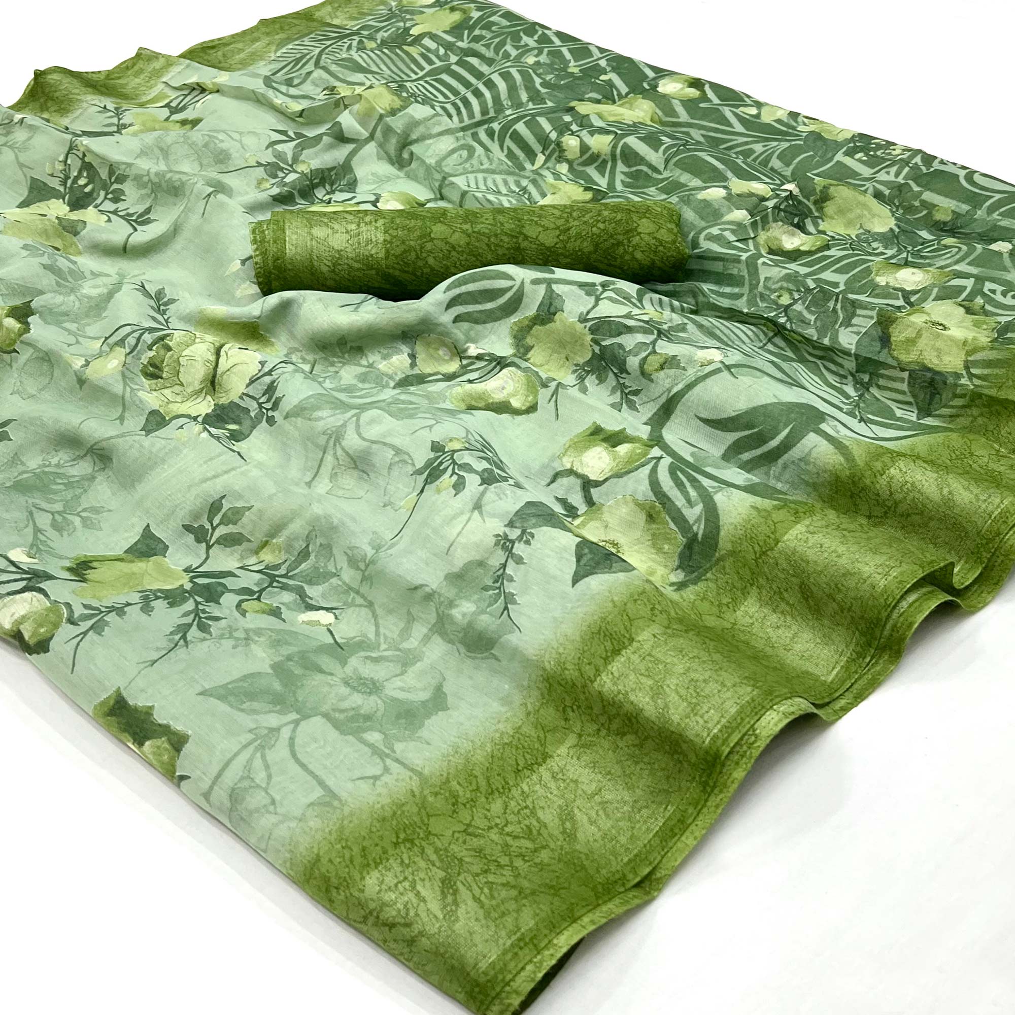 Pista Green Floral Printed Linen Saree