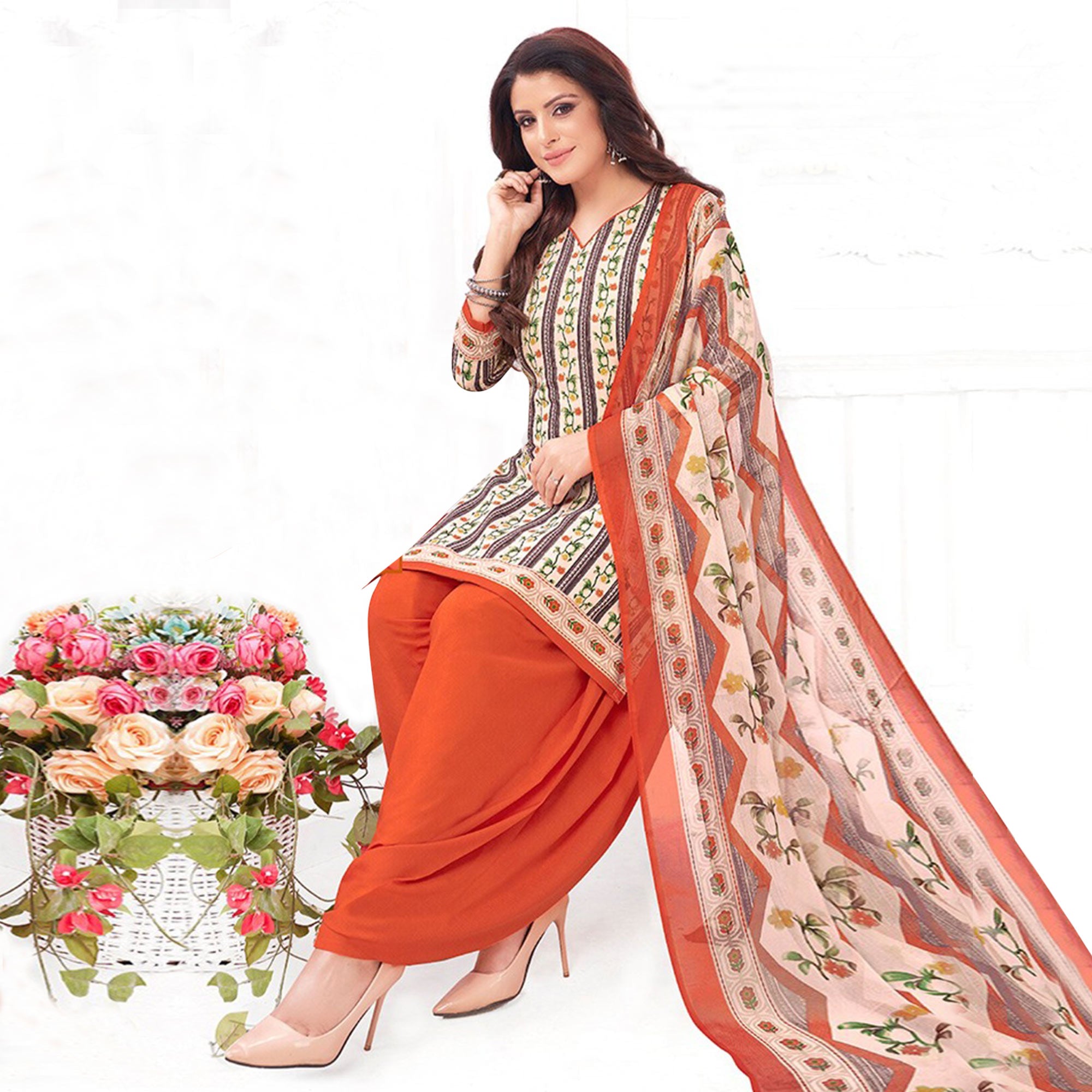 Cream Printed Crepe Patiala Dress Material