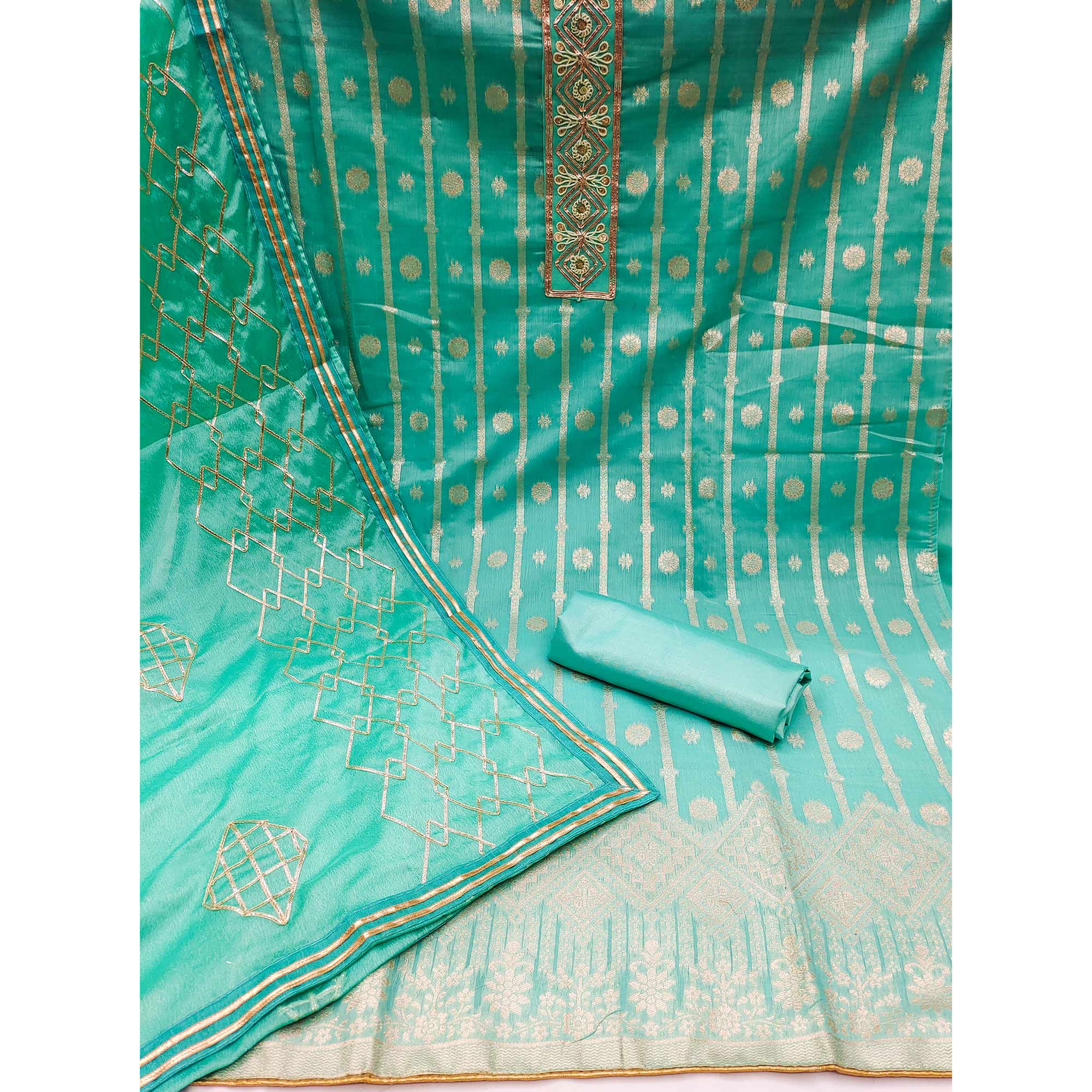 Turquoise Floral Woven Banarasi Silk Dress Material
