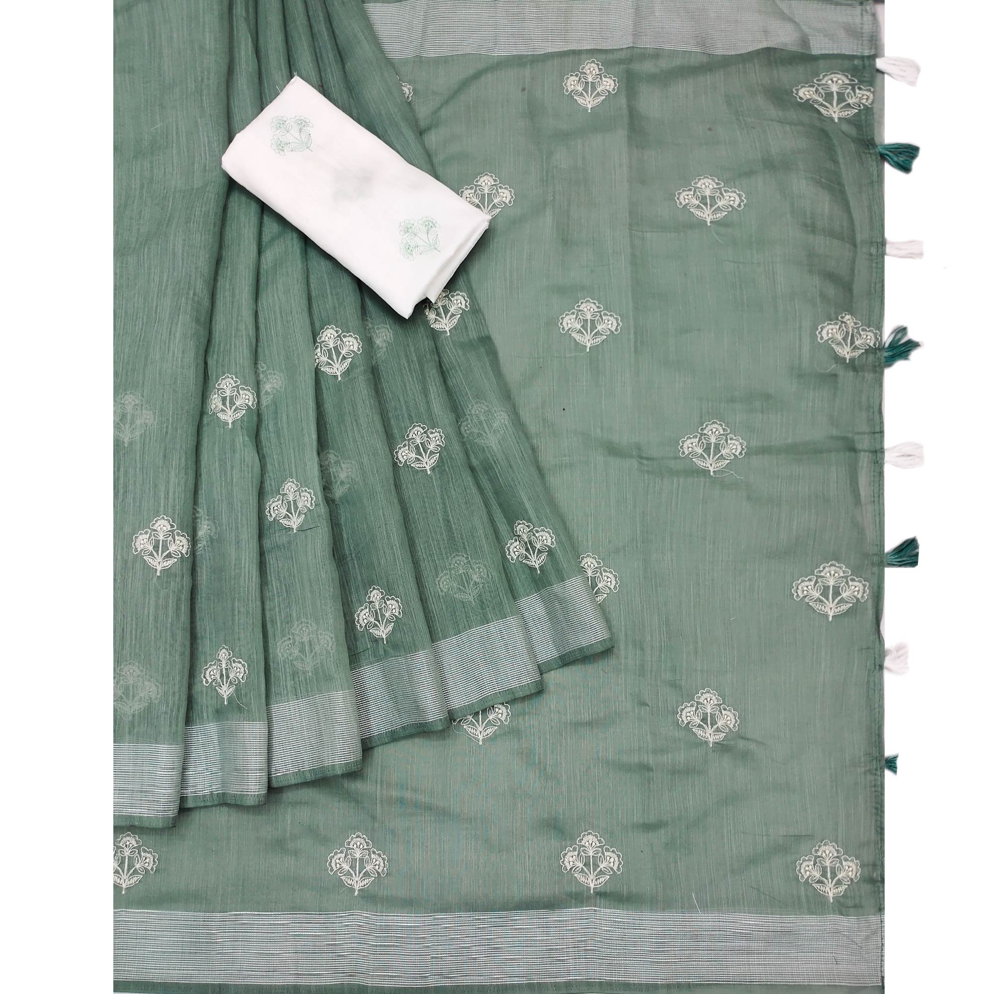 Green Floral Embroidered Raw Silk Saree