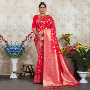 Red Woven Art Silk Saree With Tassels