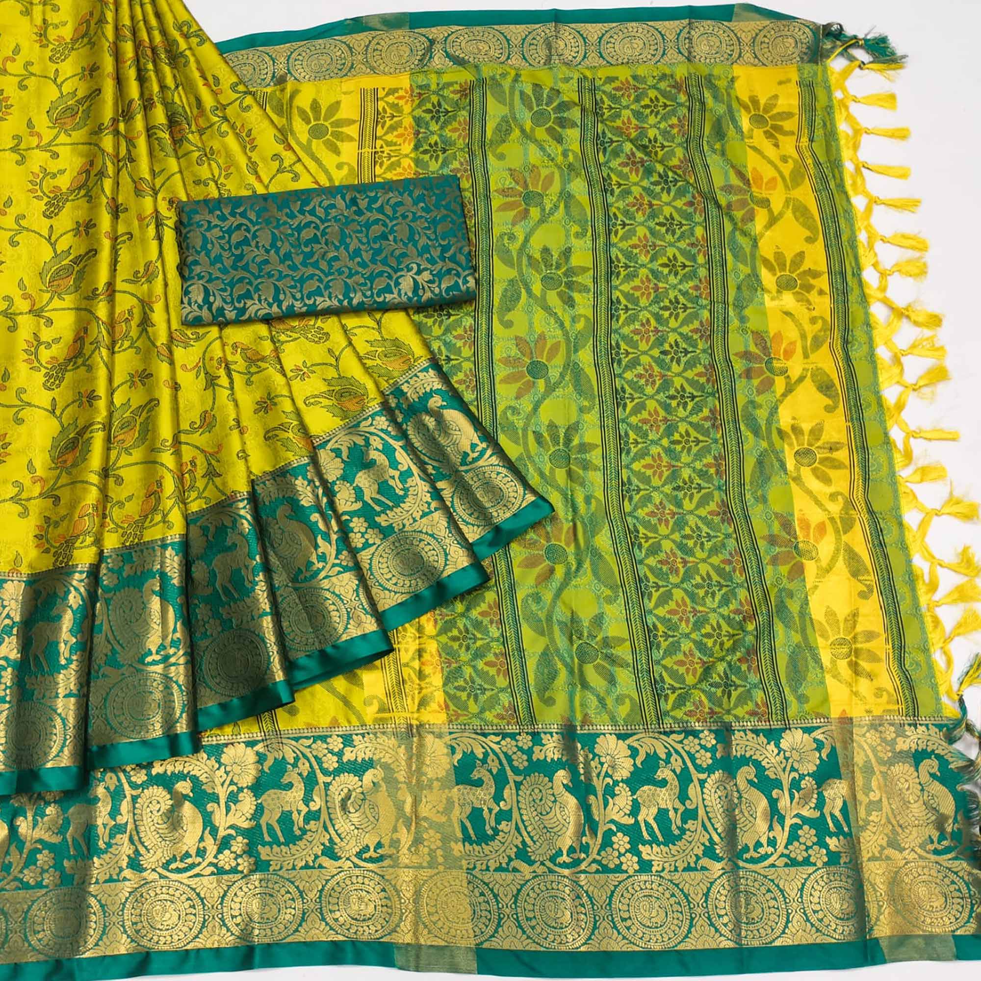 Lemon Green Printed With Woven Border Cotton Silk Saree