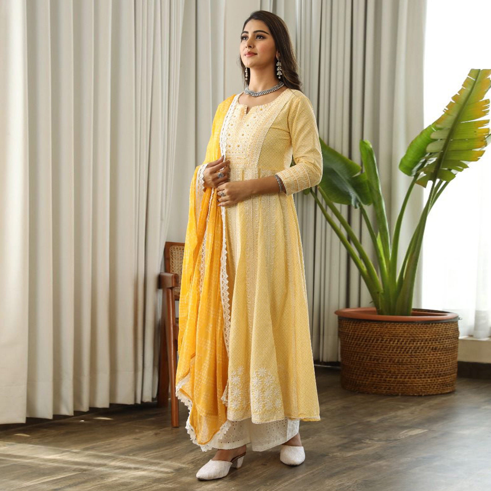 Yellow Floral Embroidered Pure Cotton Anarkali Suit