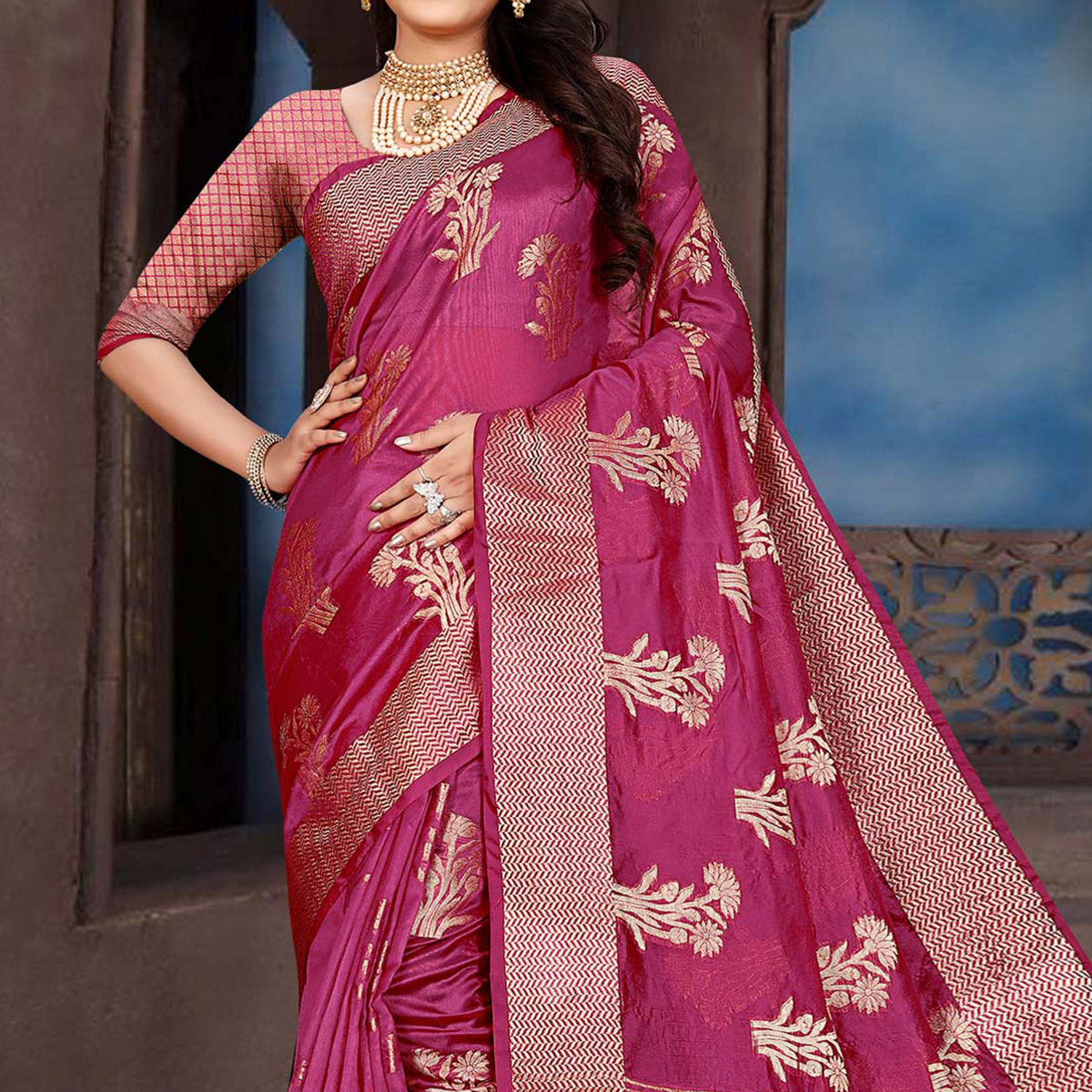 Rani Pink Floral Woven Organza Saree