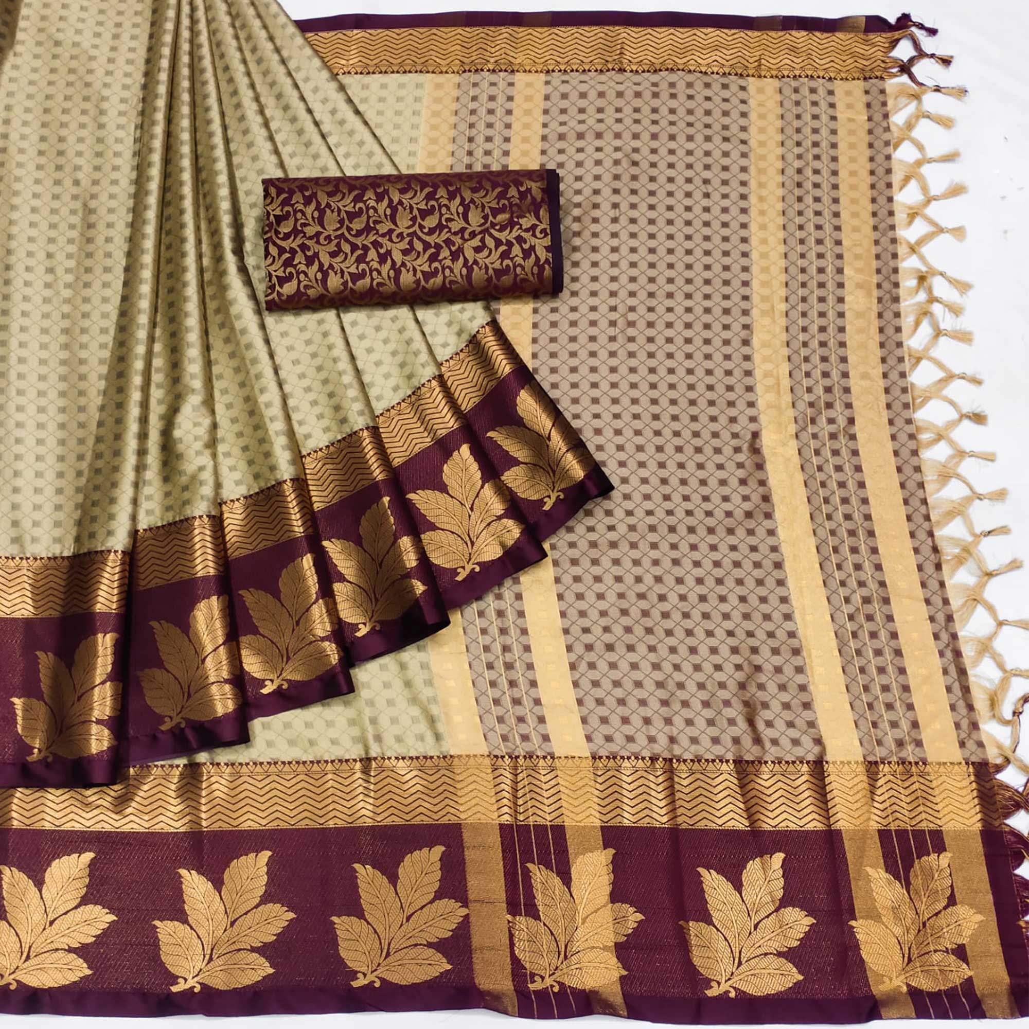 Chikoo Woven Cotton Silk Saree With Tassels