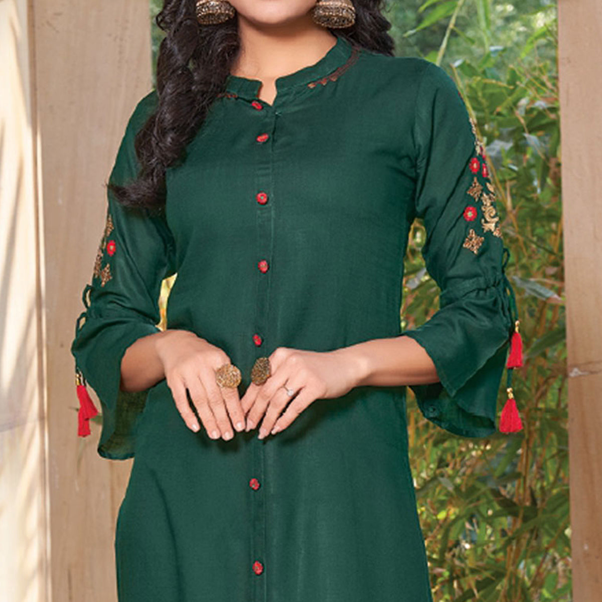 Green Floral Embroidered Rayon Kurti