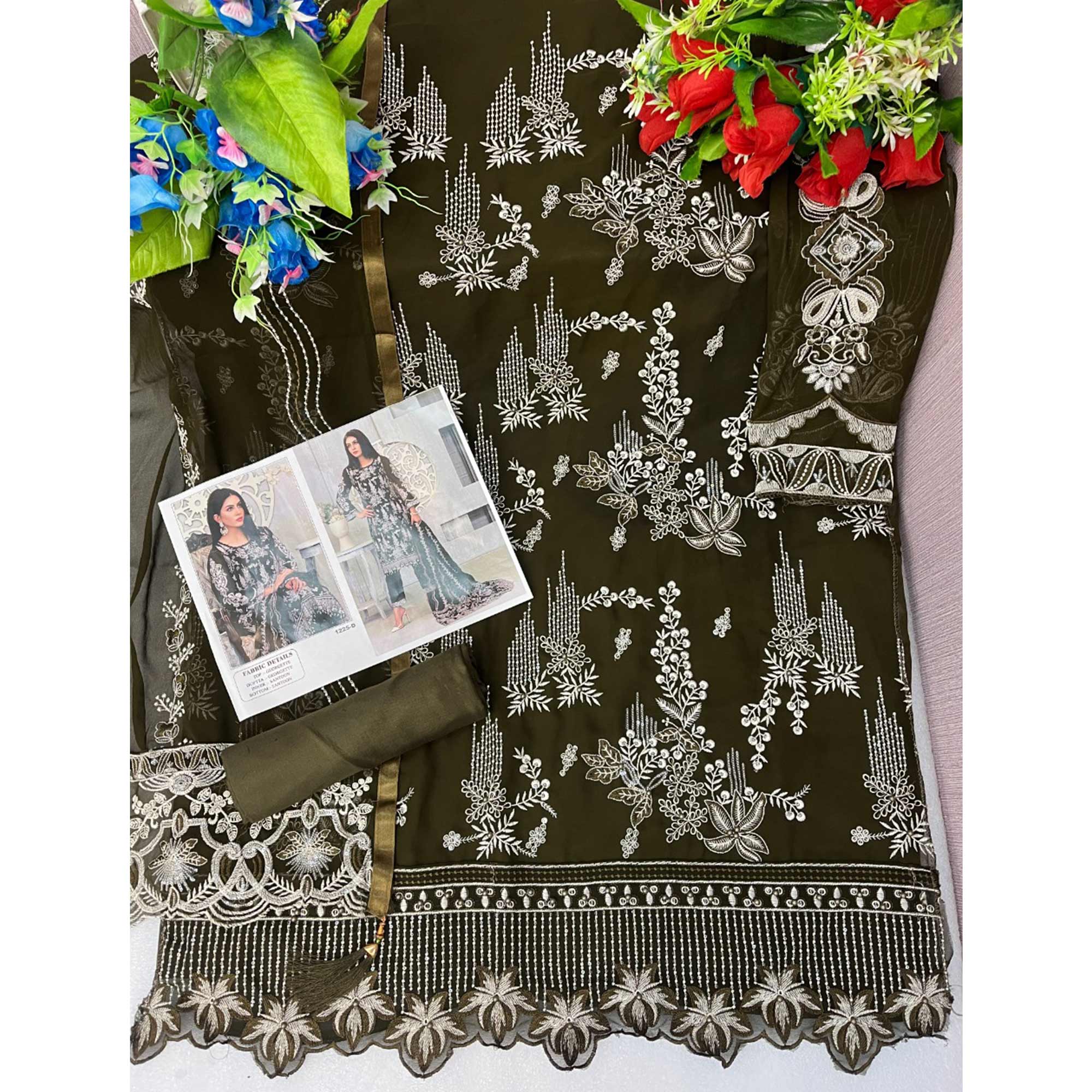 Mahendi Green Floral Embroidered Georgette Pakistani Suit