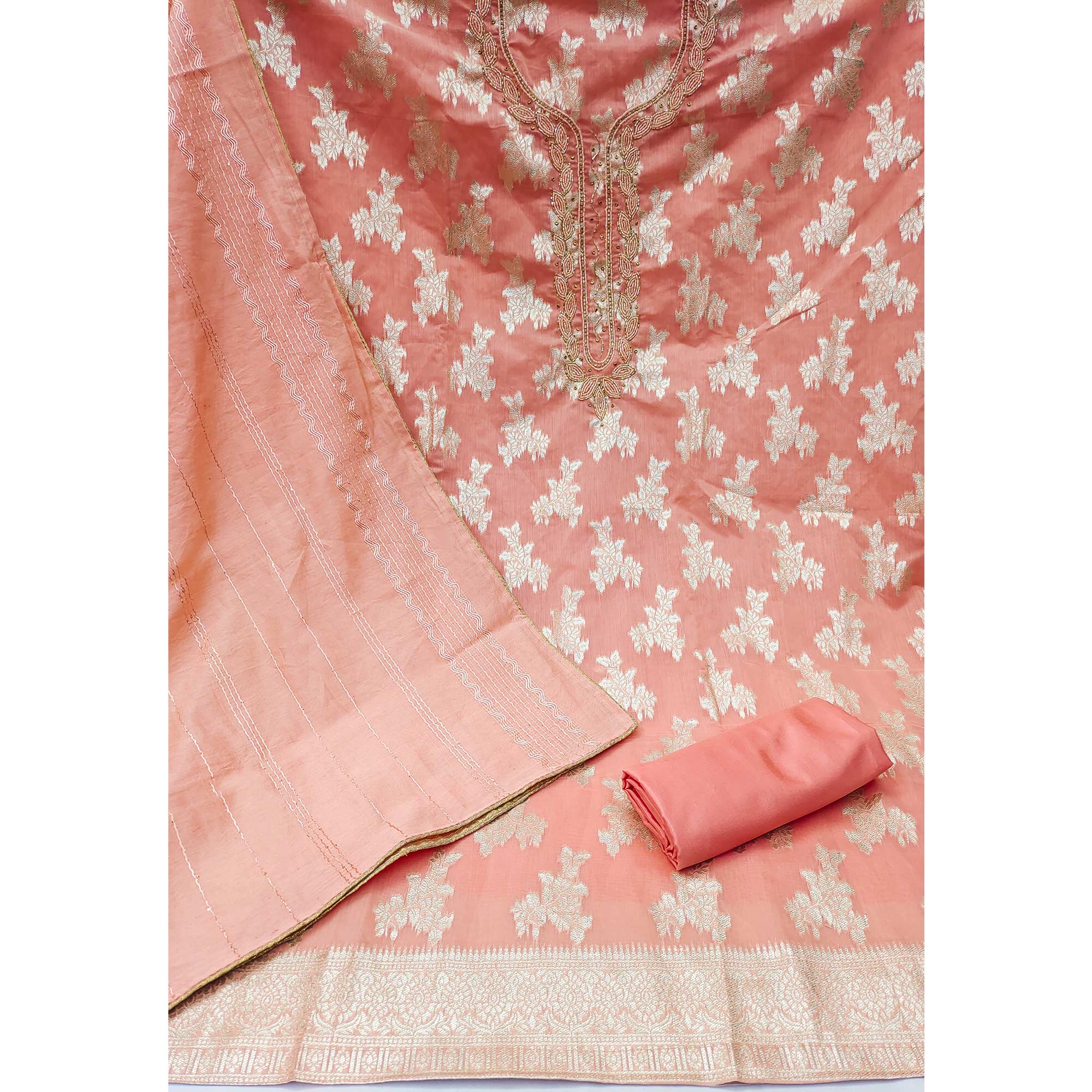 Peach Woven With Handwork Banarasi Silk Dress Material