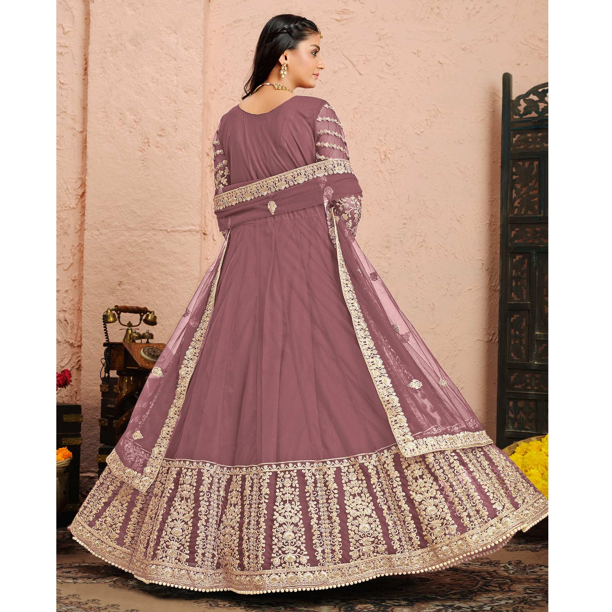 Dusty Pink Floral Embroidered Net Gown