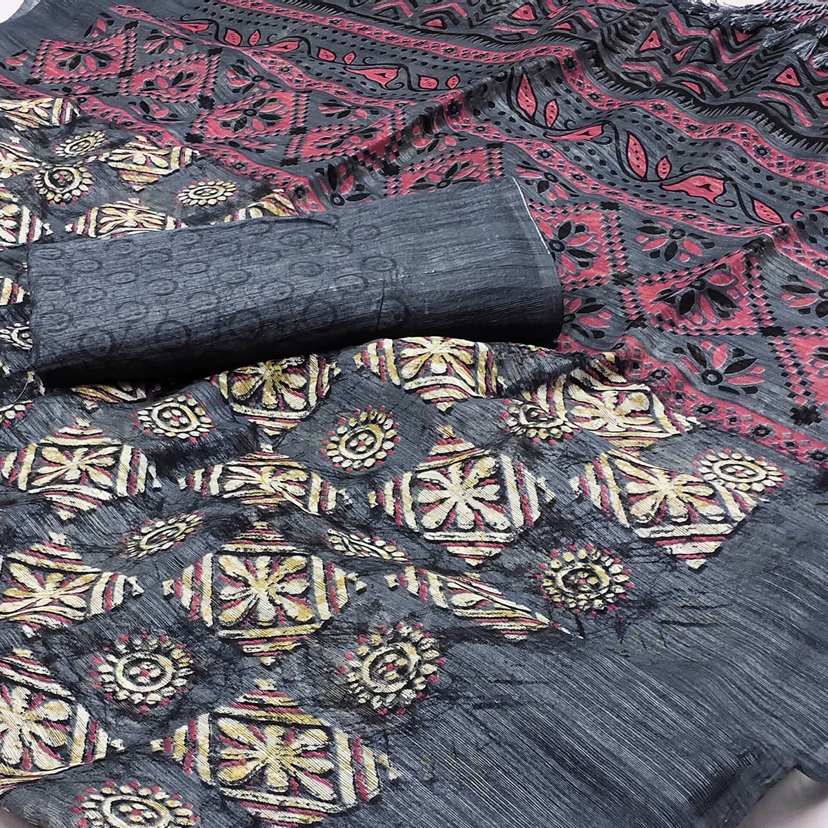Grey Floral Printed Art Silk Saree