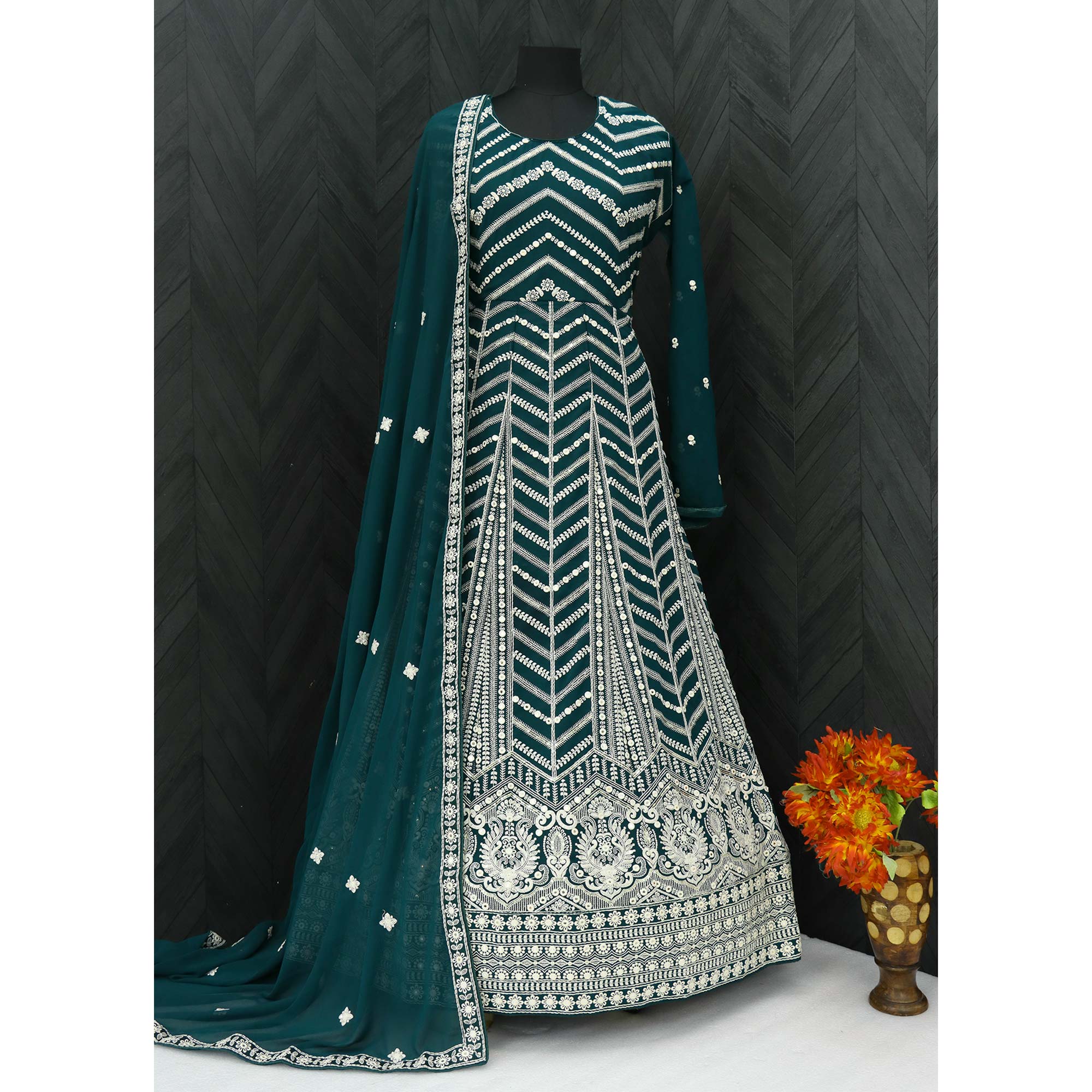 Teal Blue Sequins Embroidered Georgette Semi Stitched Anarkali Suit