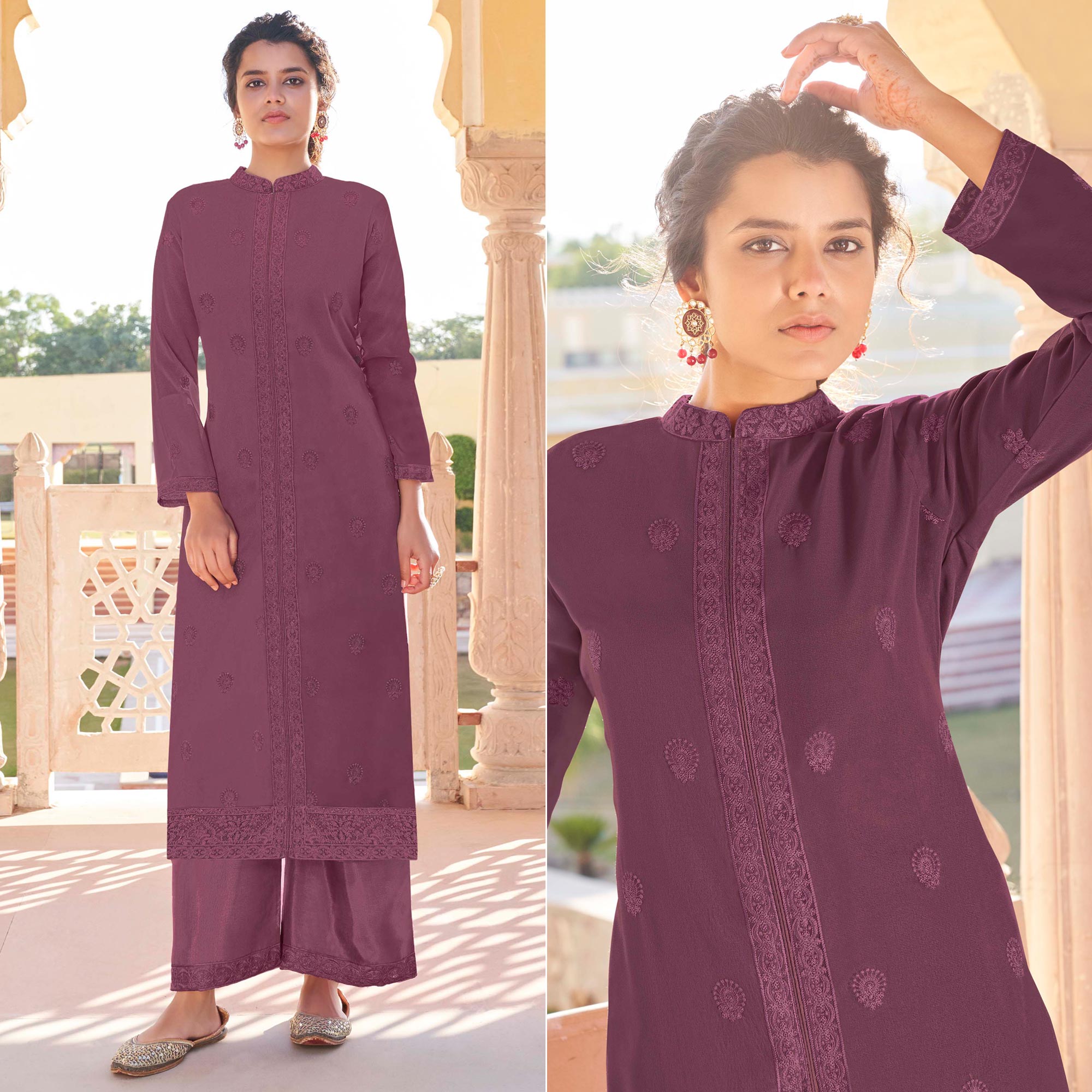 Mauve Lucknowi Embroidered Georgette Kurti Palazzo Set