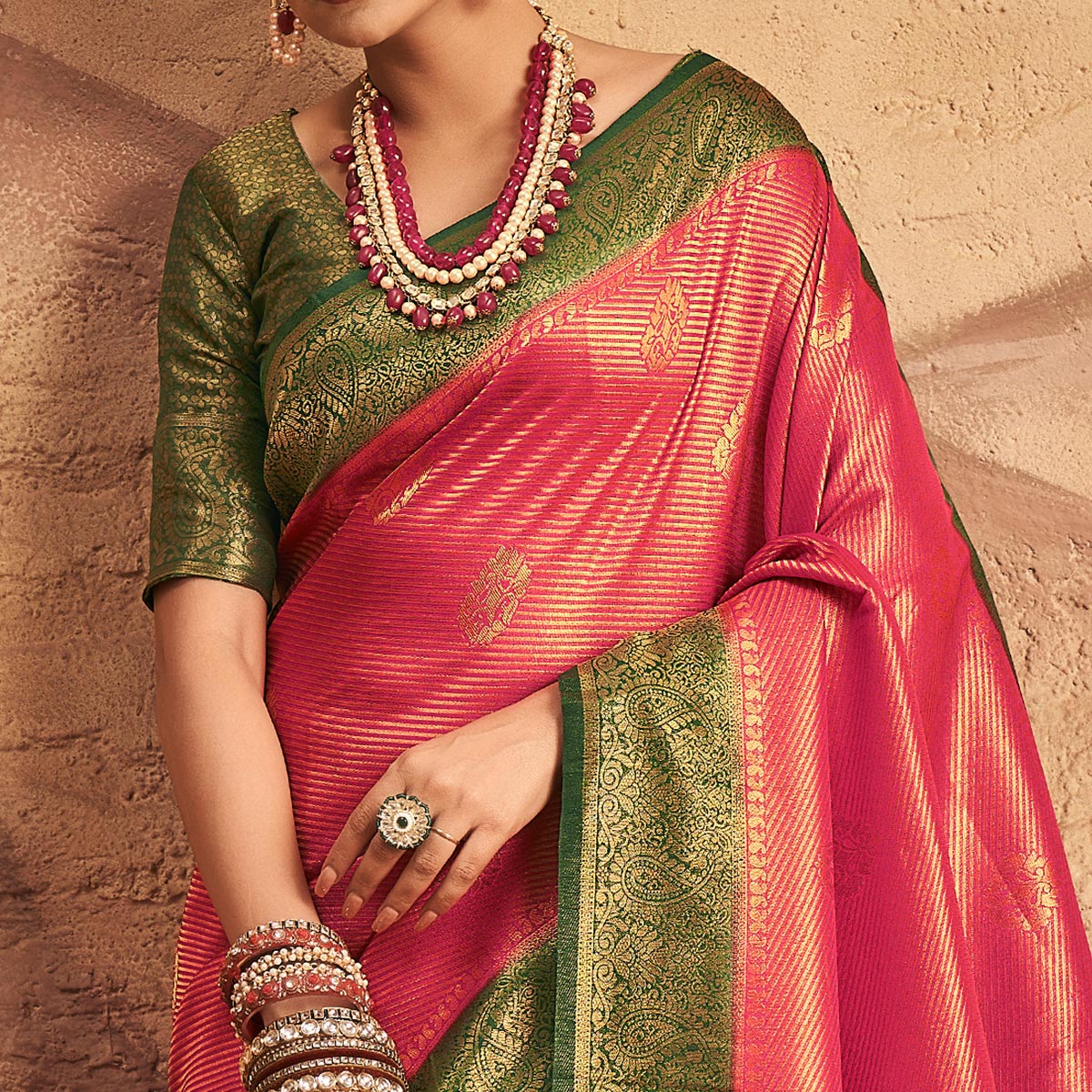 Pink Woven Art Silk Saree With Tassels