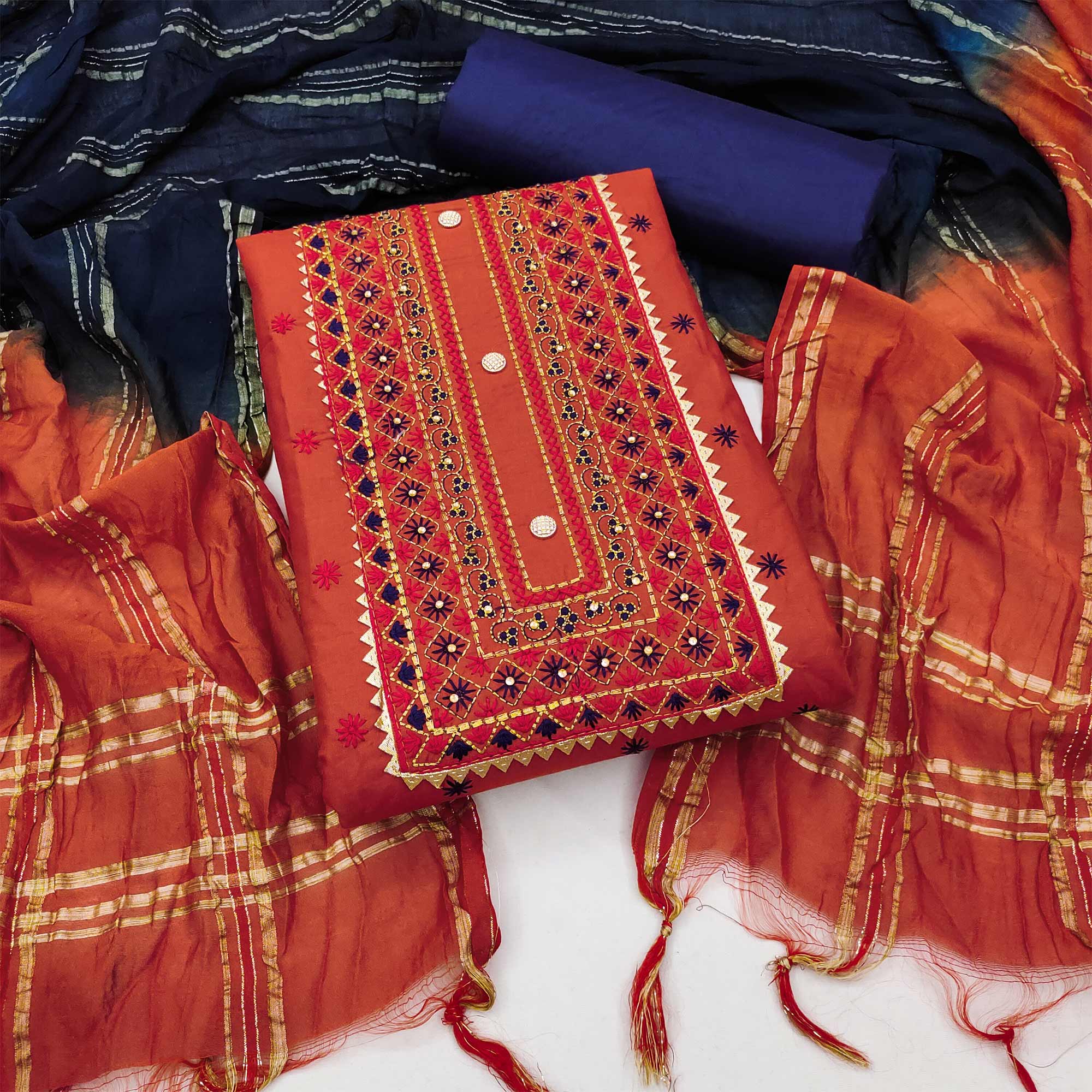 Orange Floral Embroidered Cotton Blend Dress Material