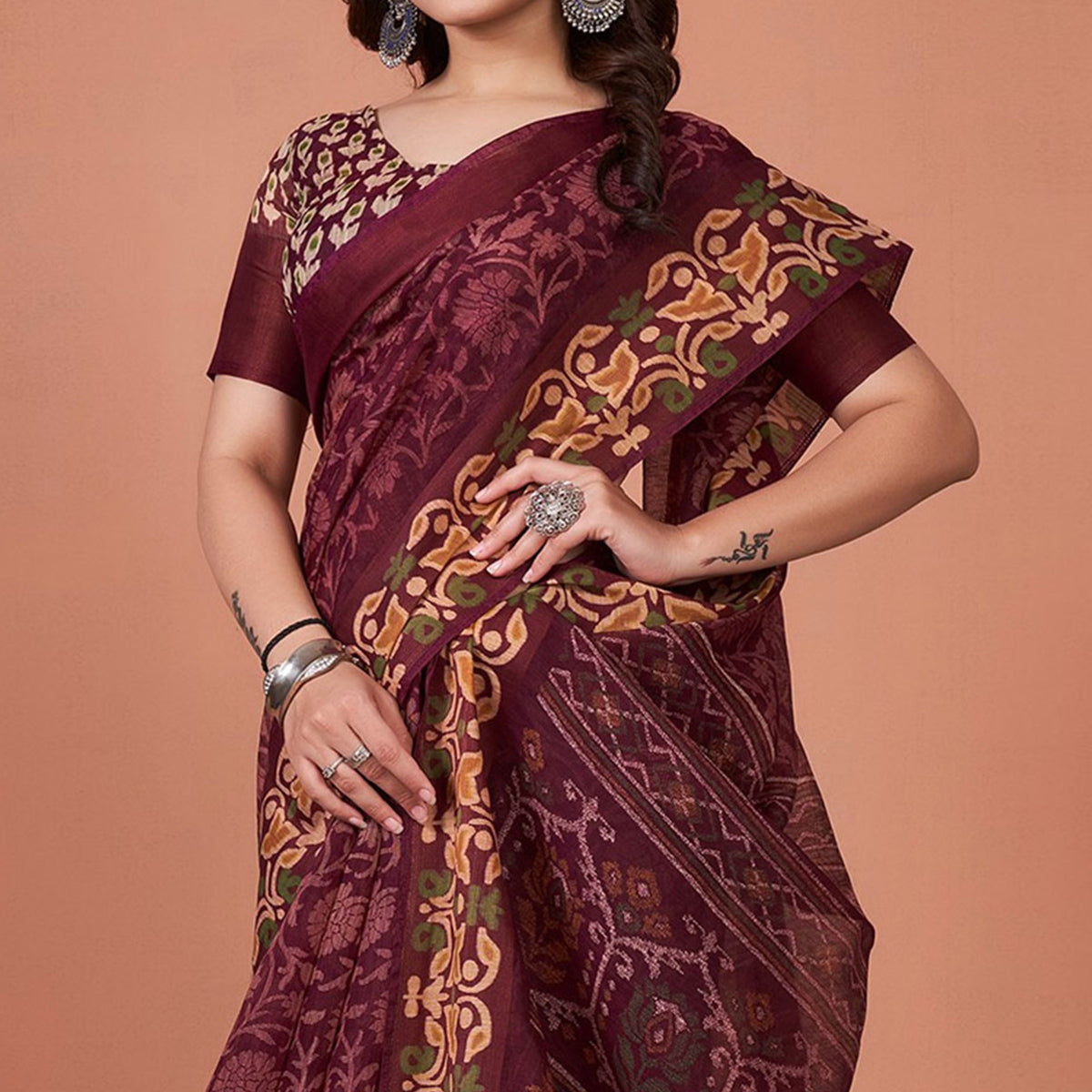 Purple Floral Printed Cotton Saree With Tassels