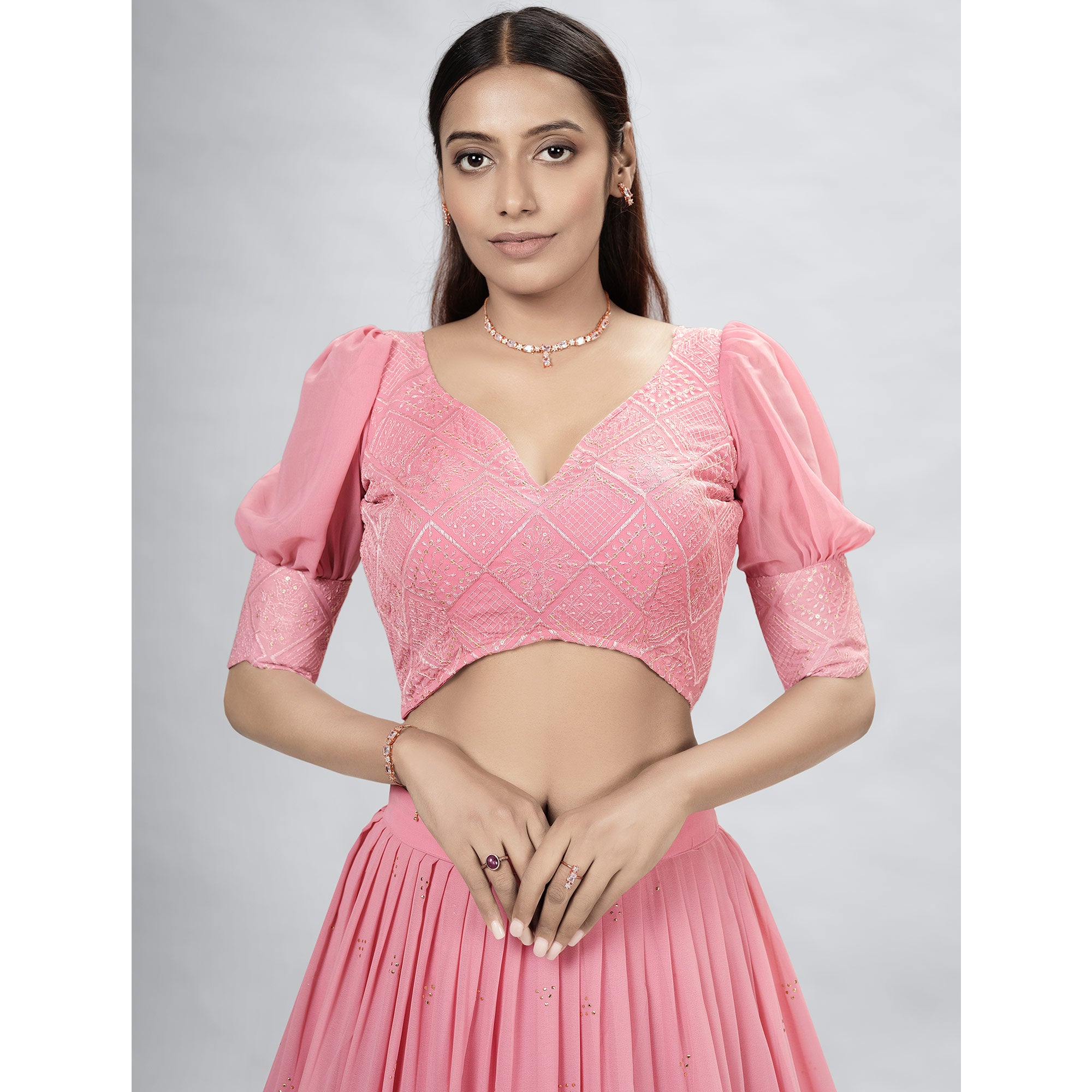 Pink Embellished With Embroidered Georgette Lehenga Choli