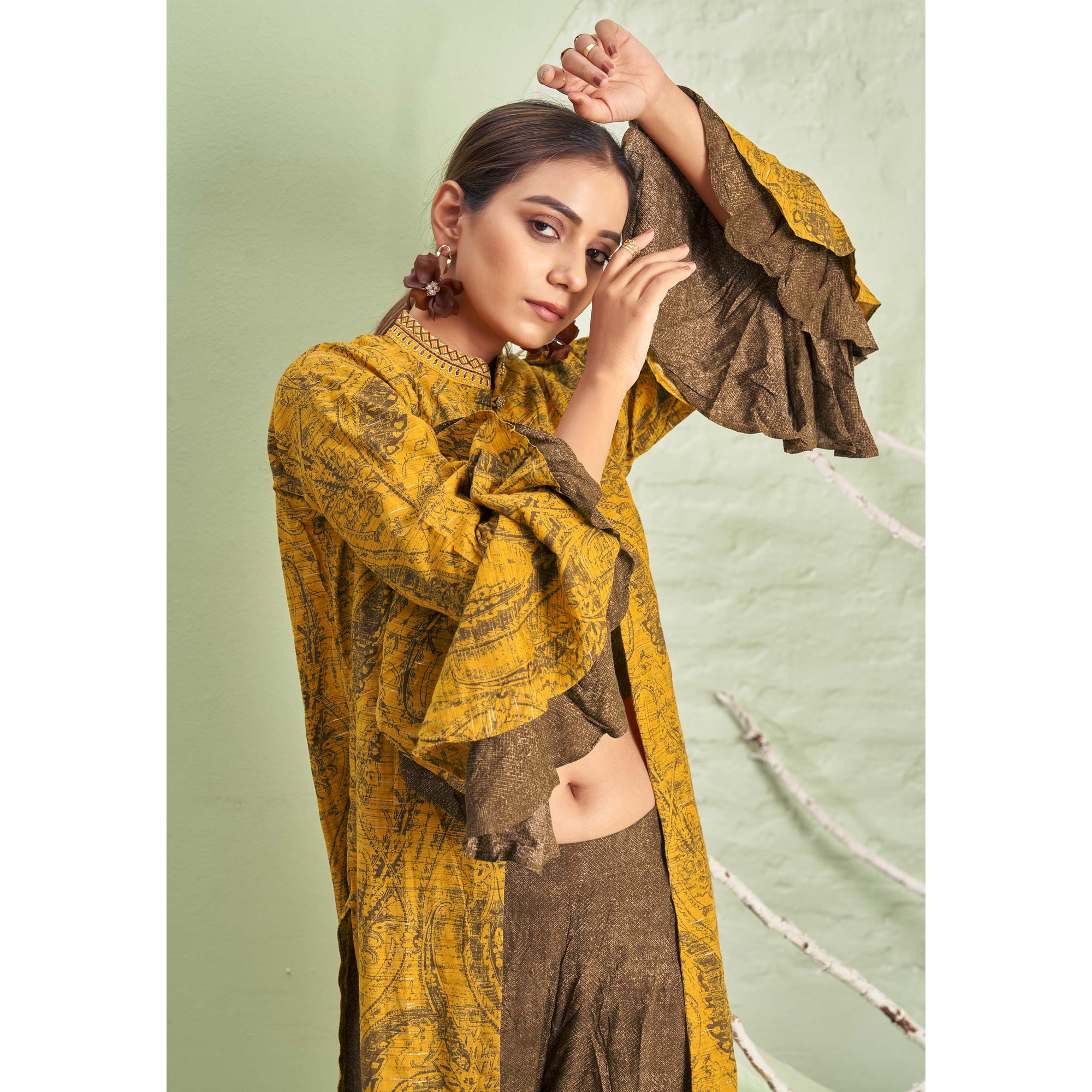 Mustard & Brown Printed Rayon Palazzo Suit With Jacket