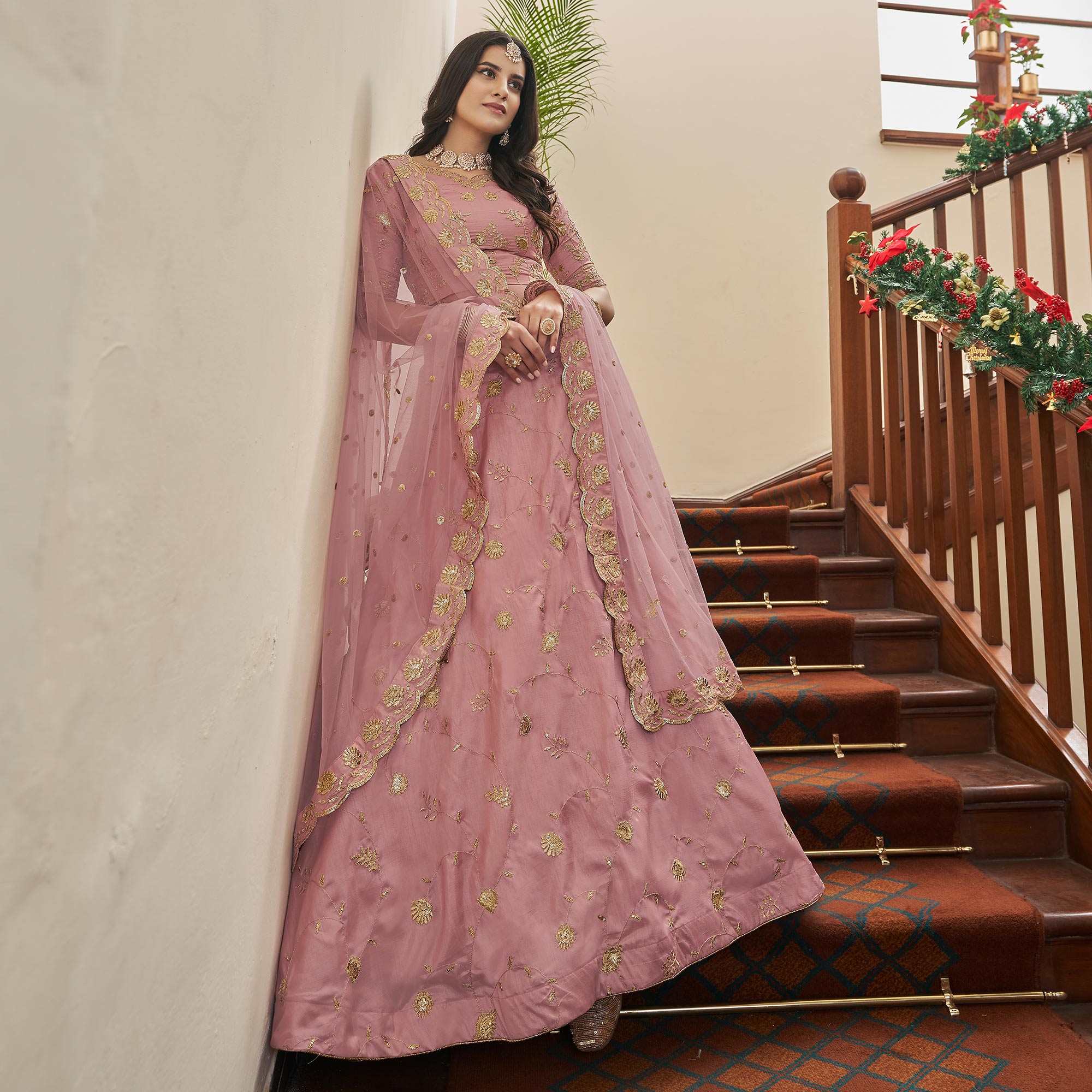 Peach Sequins Embroidered Art Silk Lehenga Choli