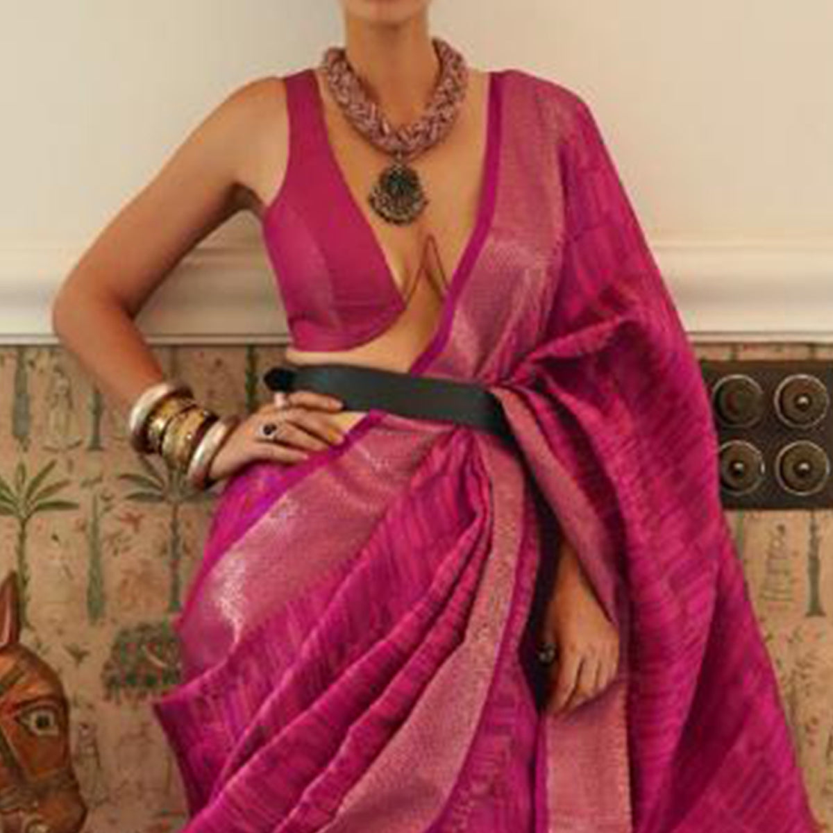 Rose Pink Woven Organza Saree With Tassels