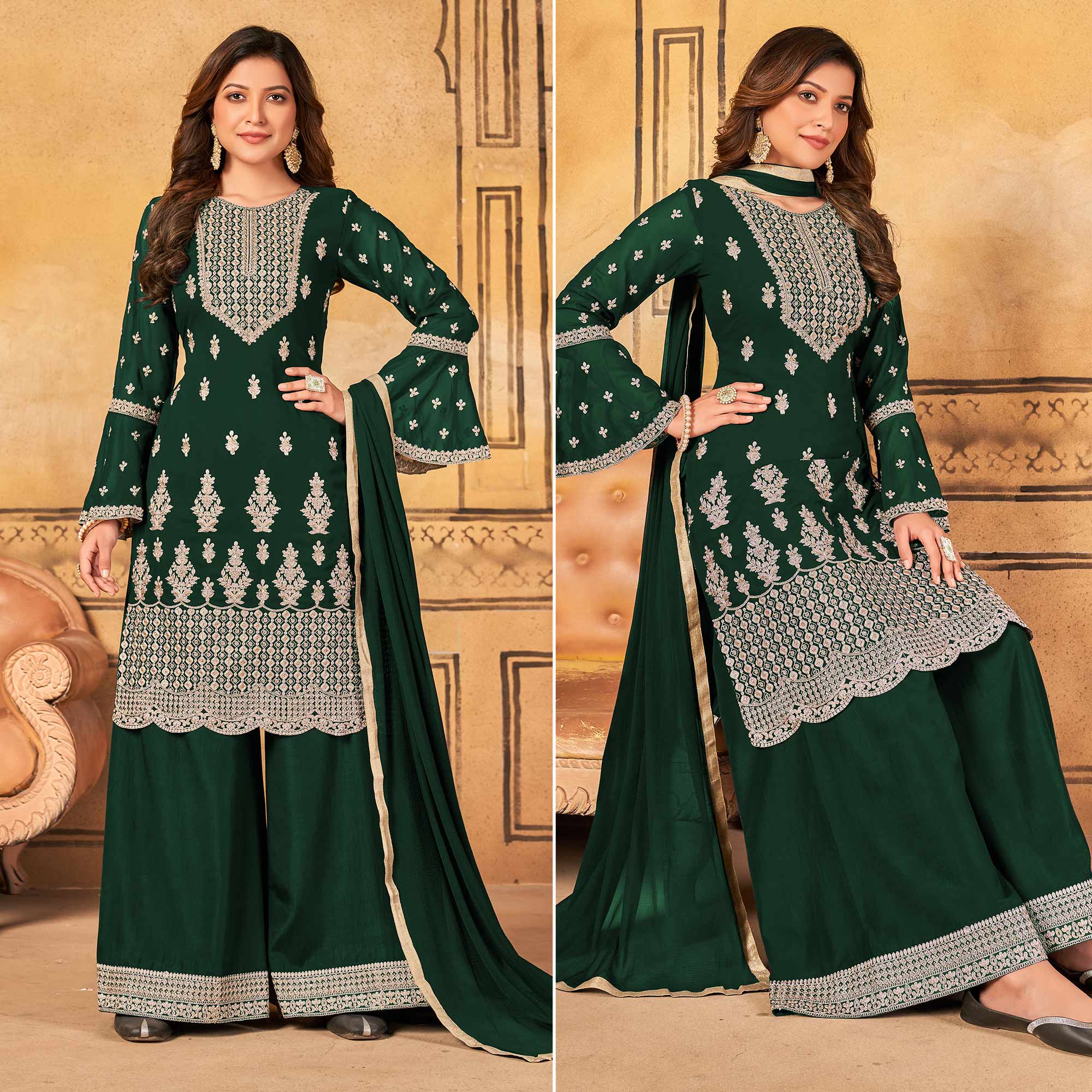 Green Floral Embroidered Georgette Palazzo Suit