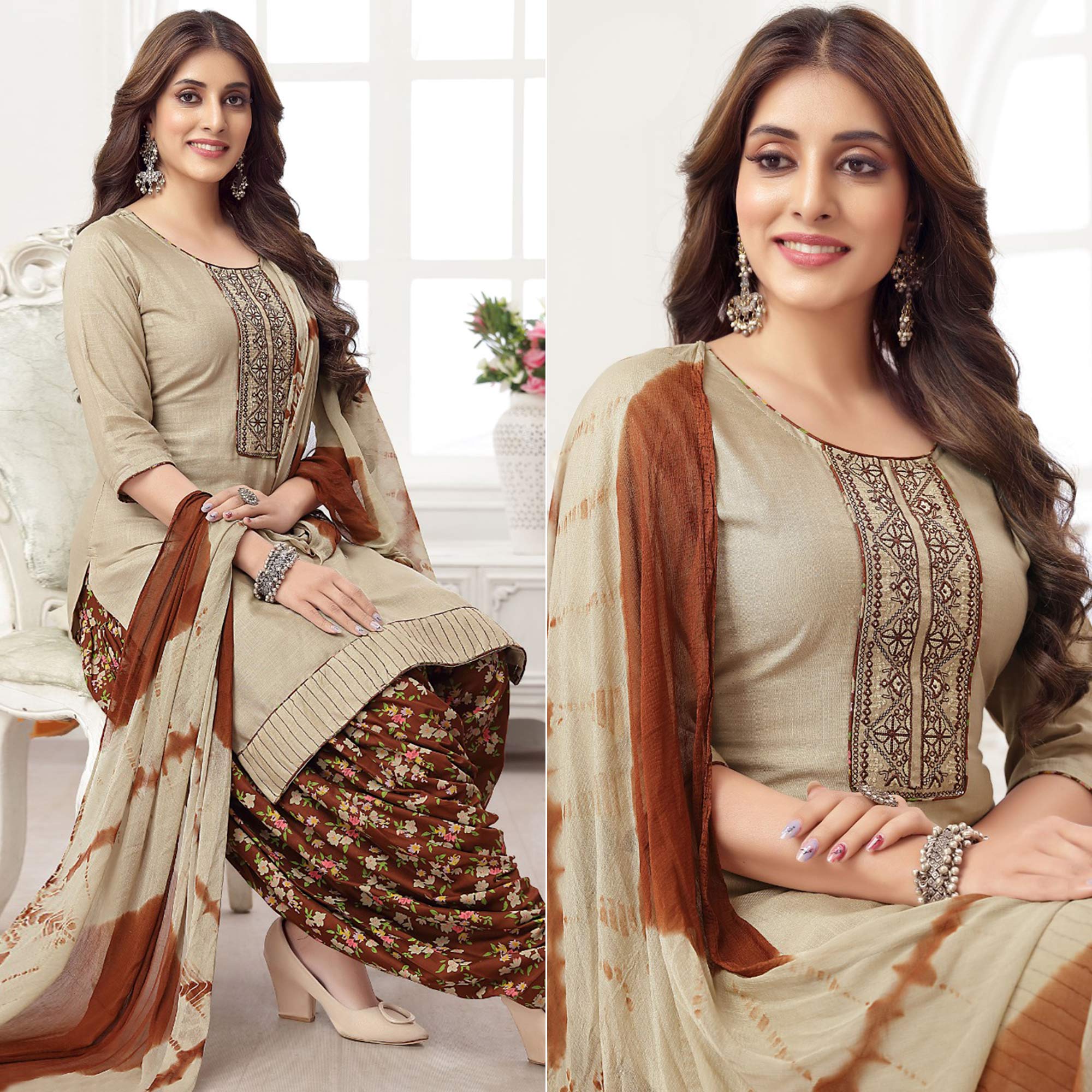 Beige Embroidered Rayon Patiala Suit