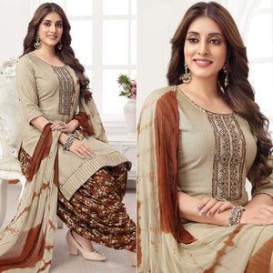 Beige Embroidered Rayon Patiala Suit
