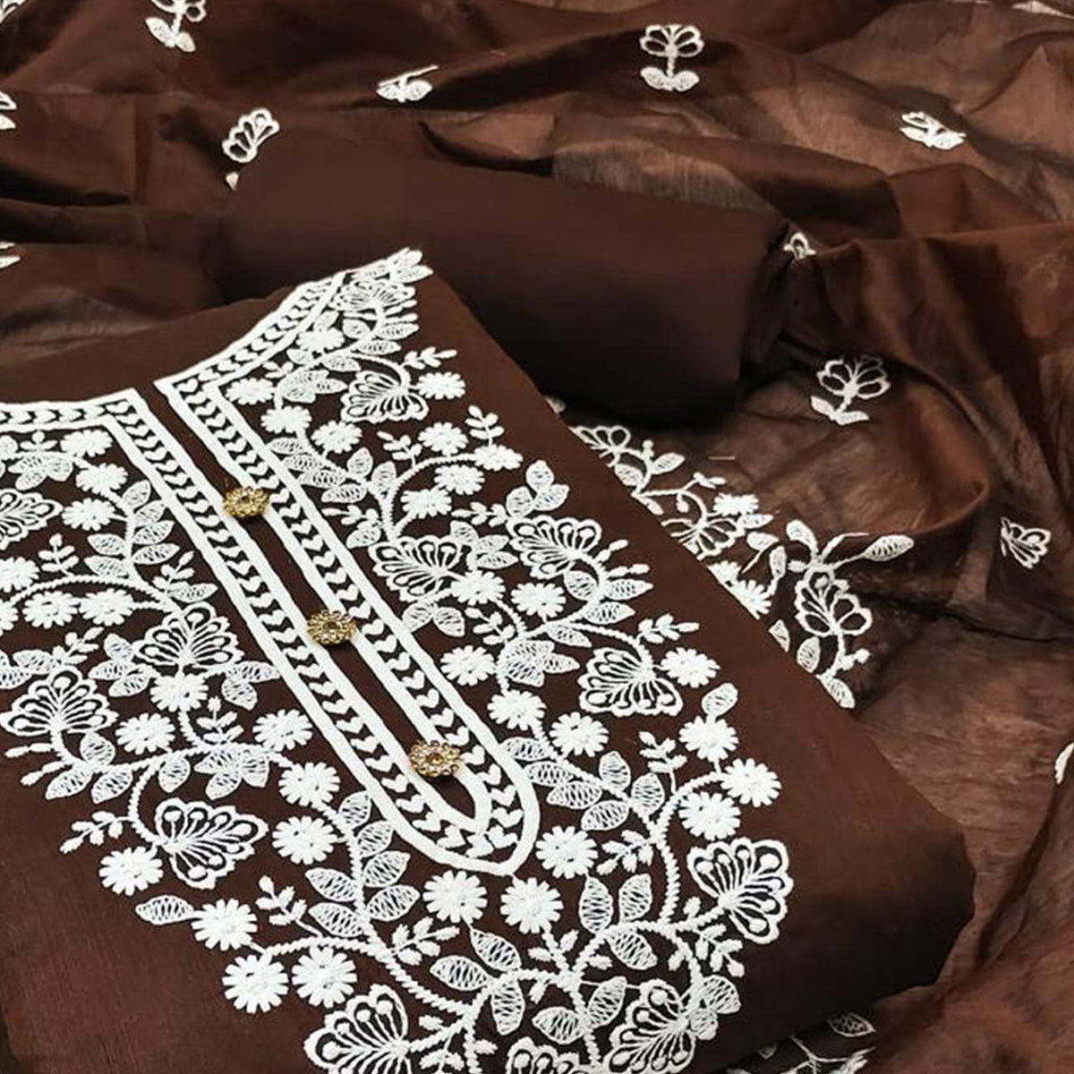 Brown Floral Embroidered Modal Dress Material