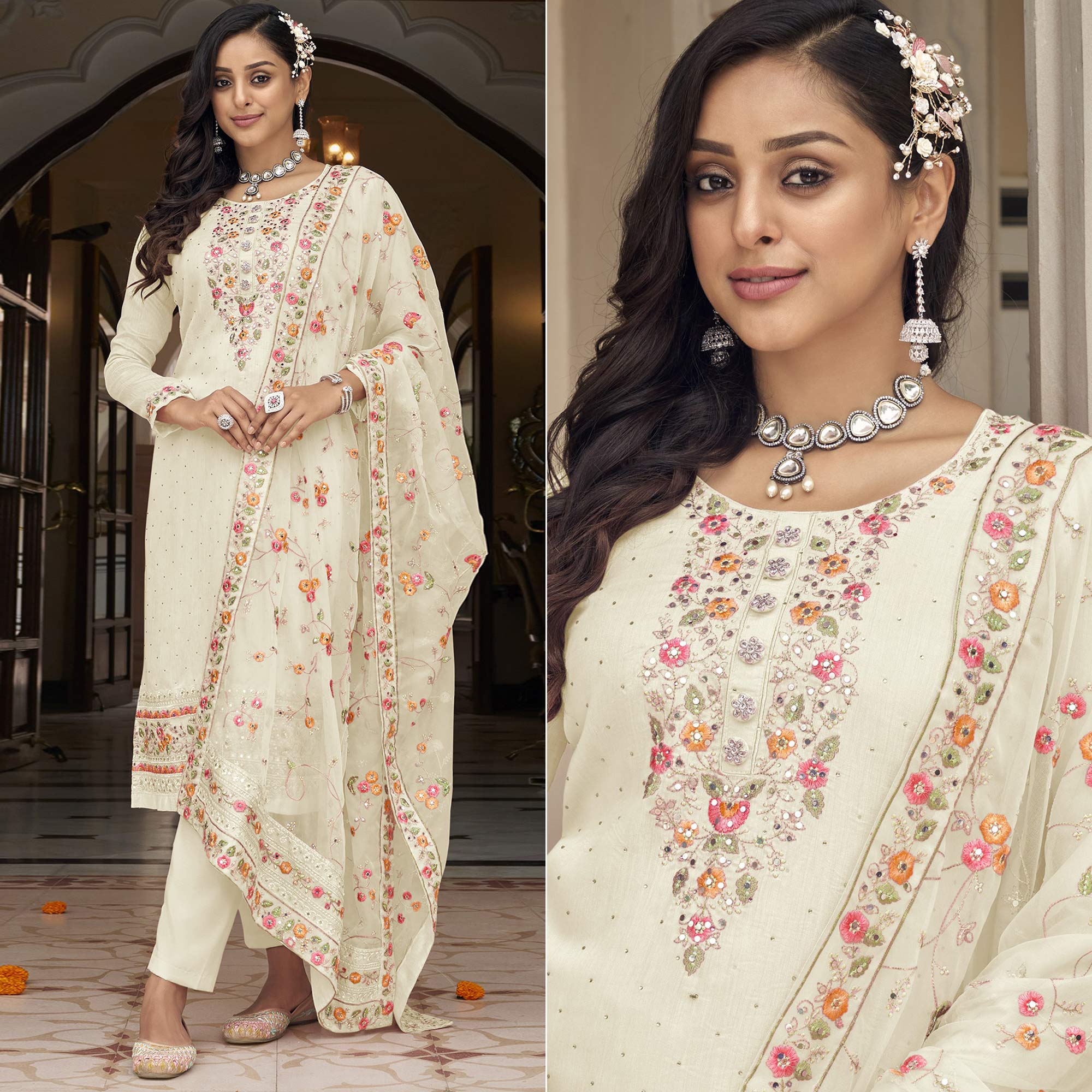 Cream Floral Embroidered Georgette Salwar Suit