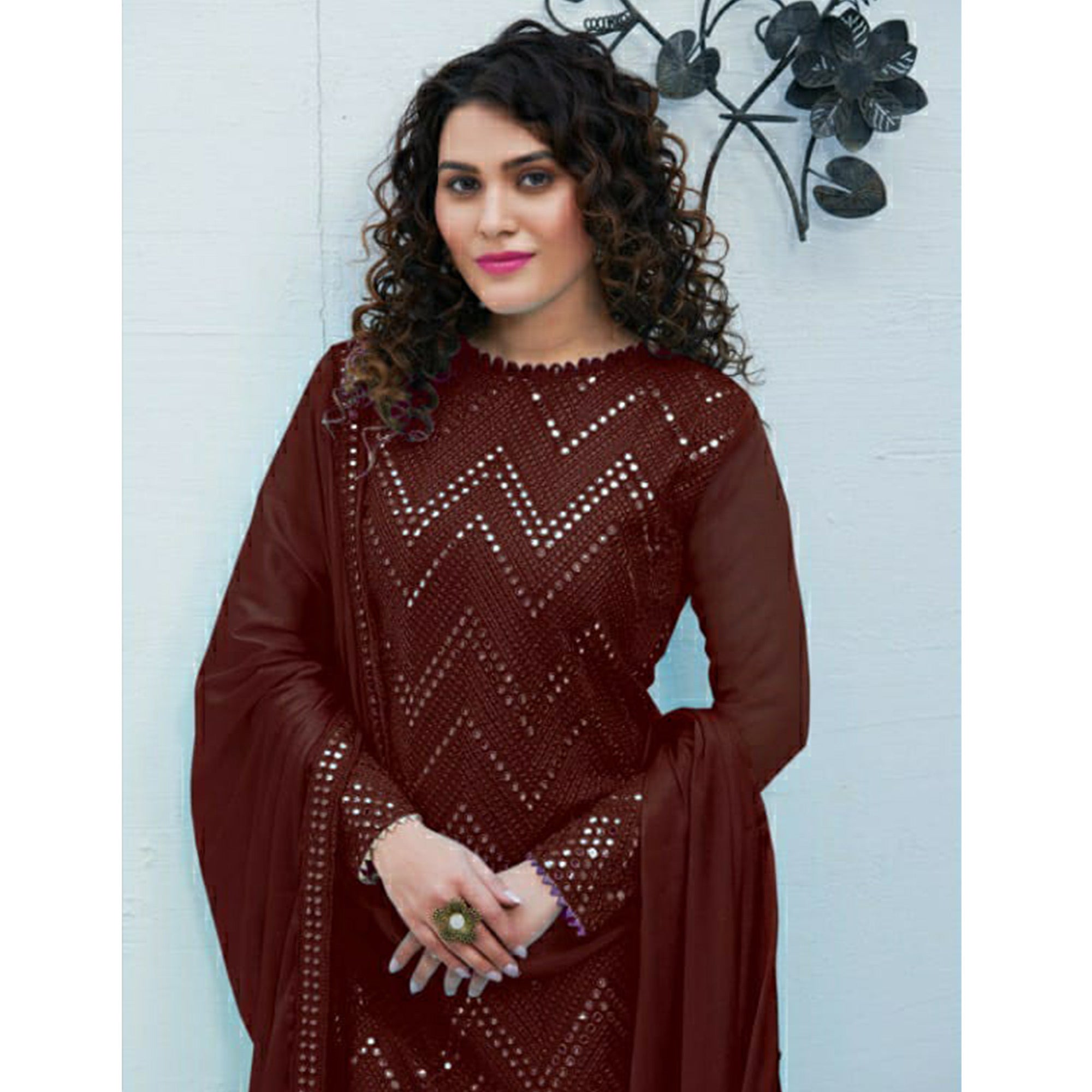 Brown Mirror Embroidered Georgette Suit